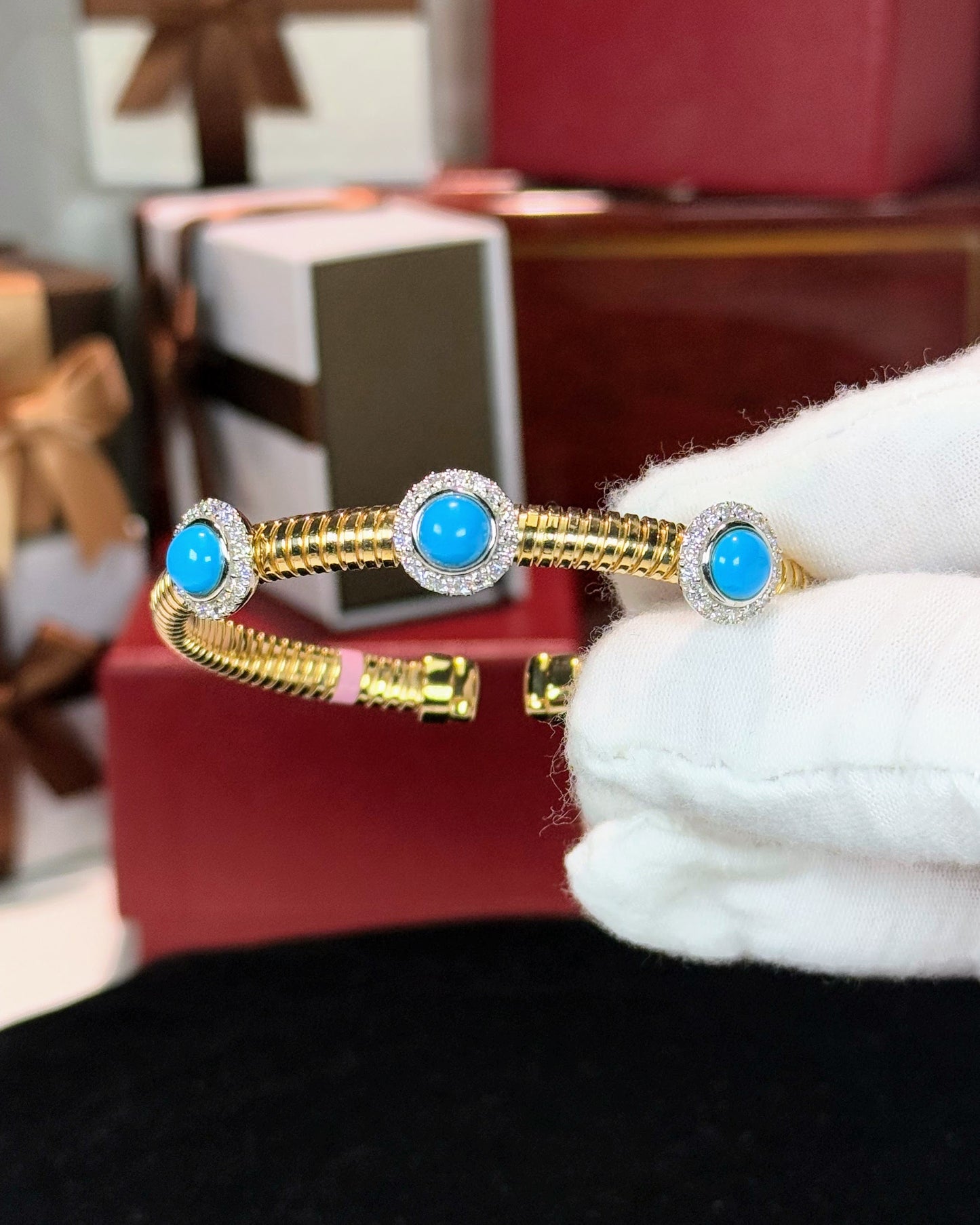 Turquoise and Diamond 14k Yellow Gold Bangle