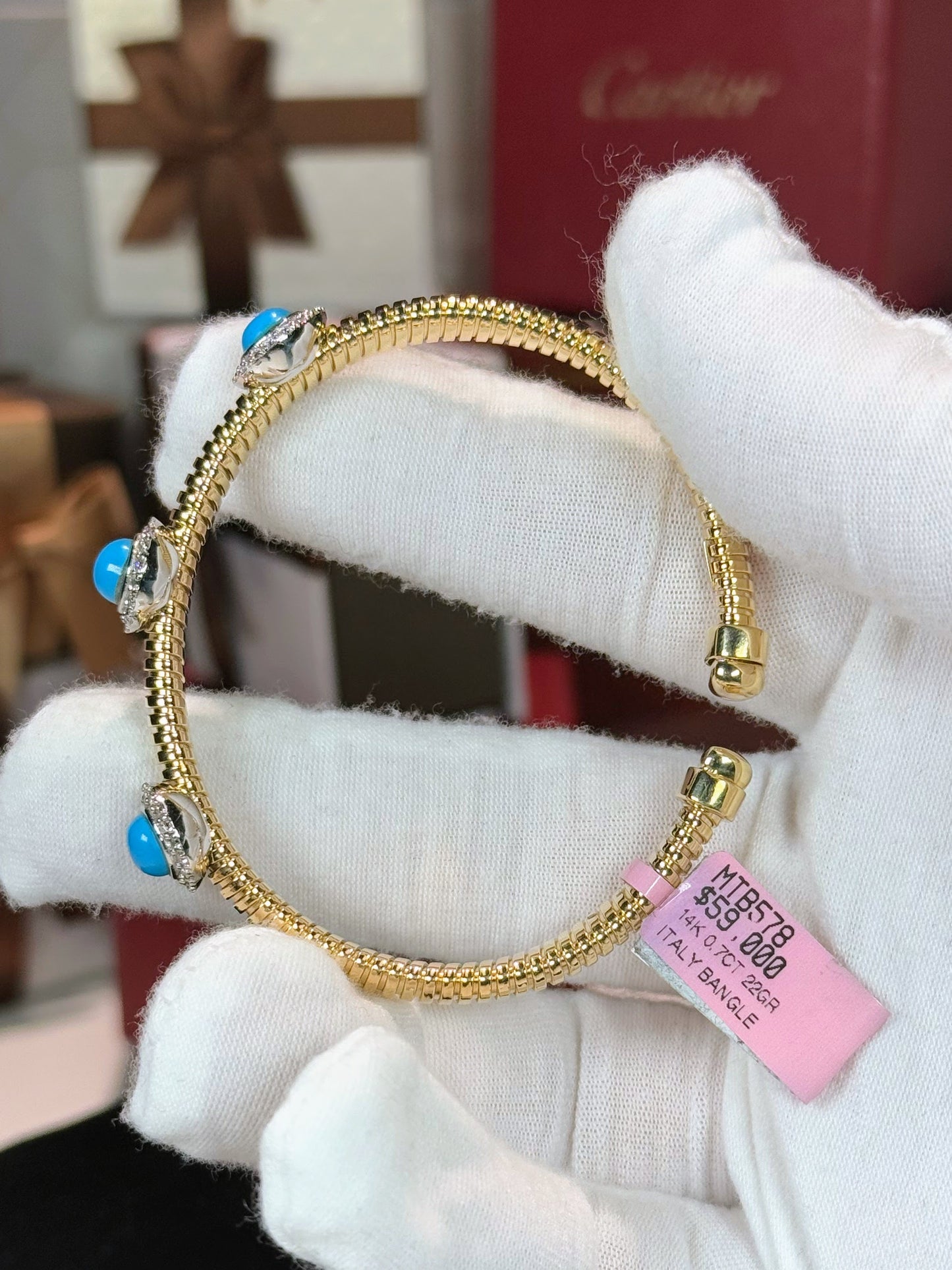 Turquoise and Diamond 14k Yellow Gold Bangle