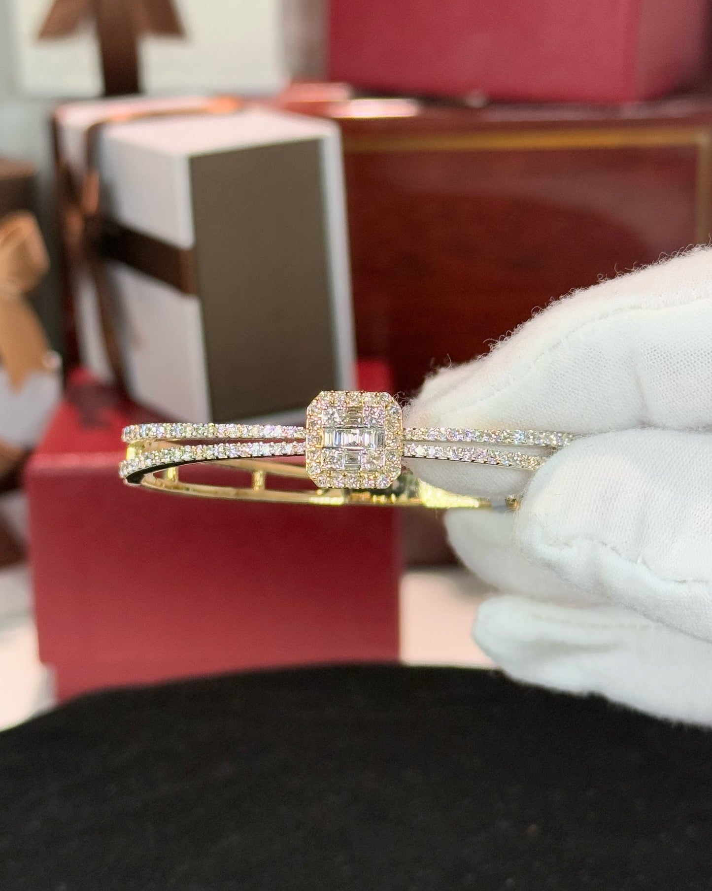 Square Halo Diamond 14k Yellow Gold Bangle