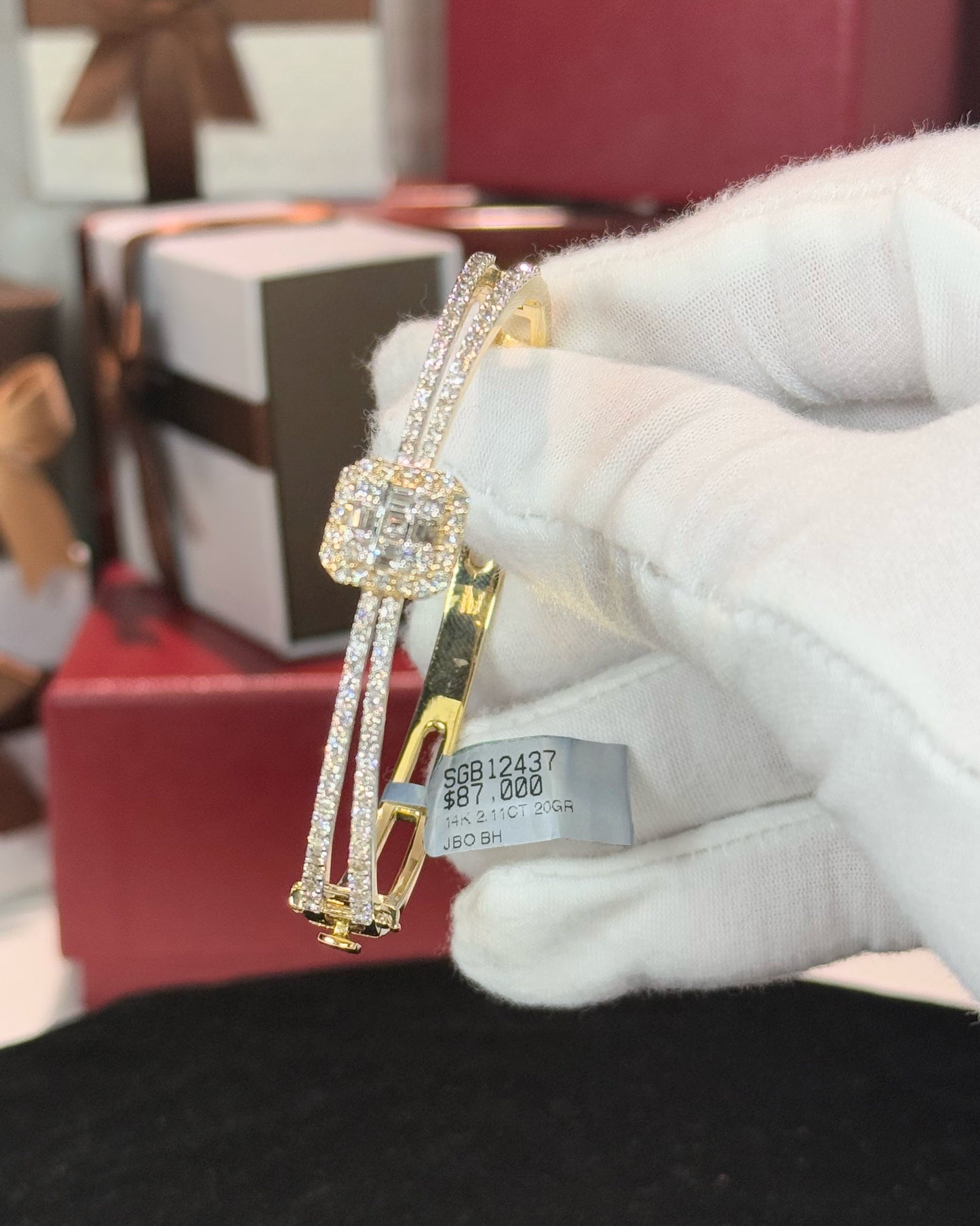 Square Halo Diamond 14k Yellow Gold Bangle