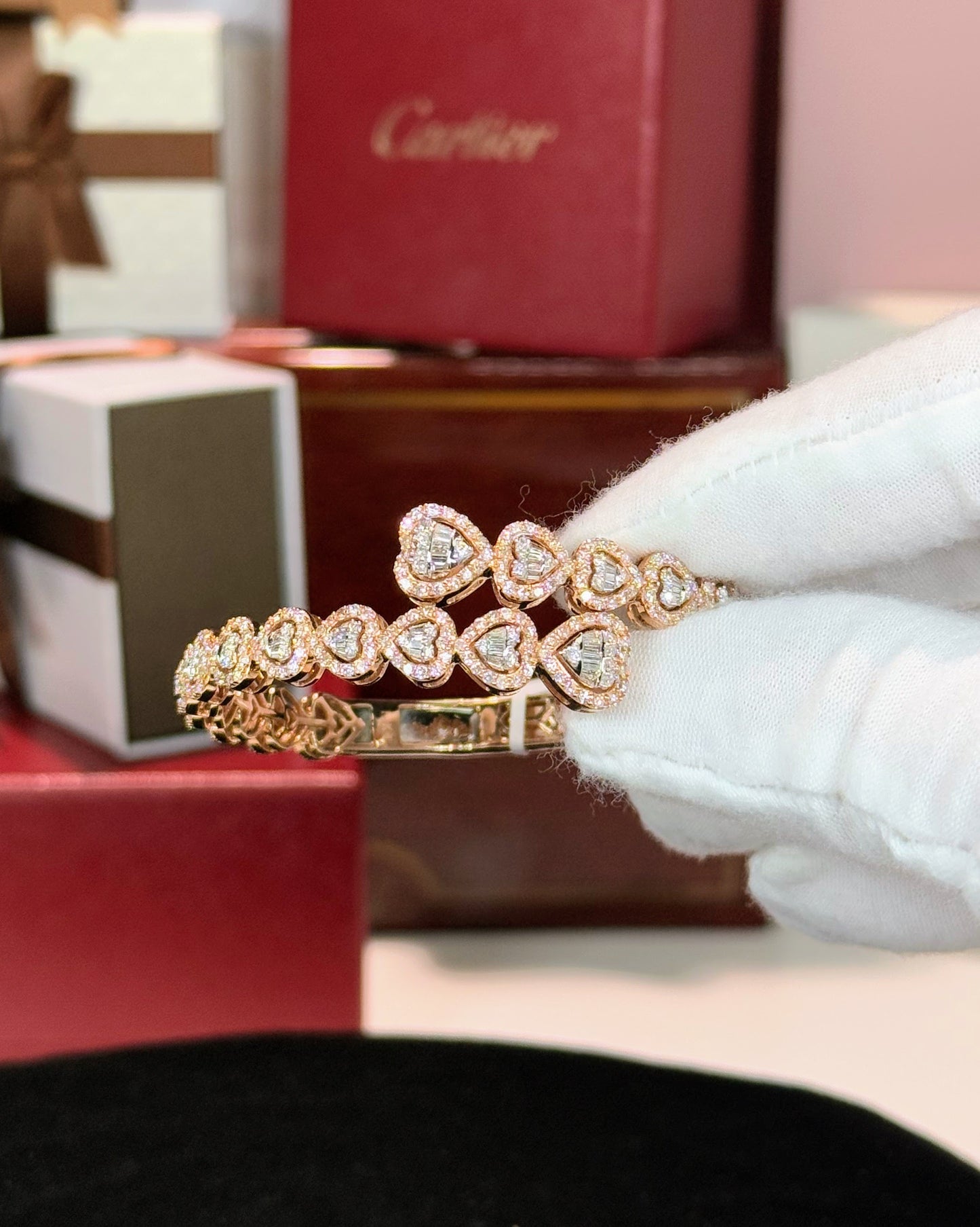 Diamond Hearts 14k Rose Gold Bangle