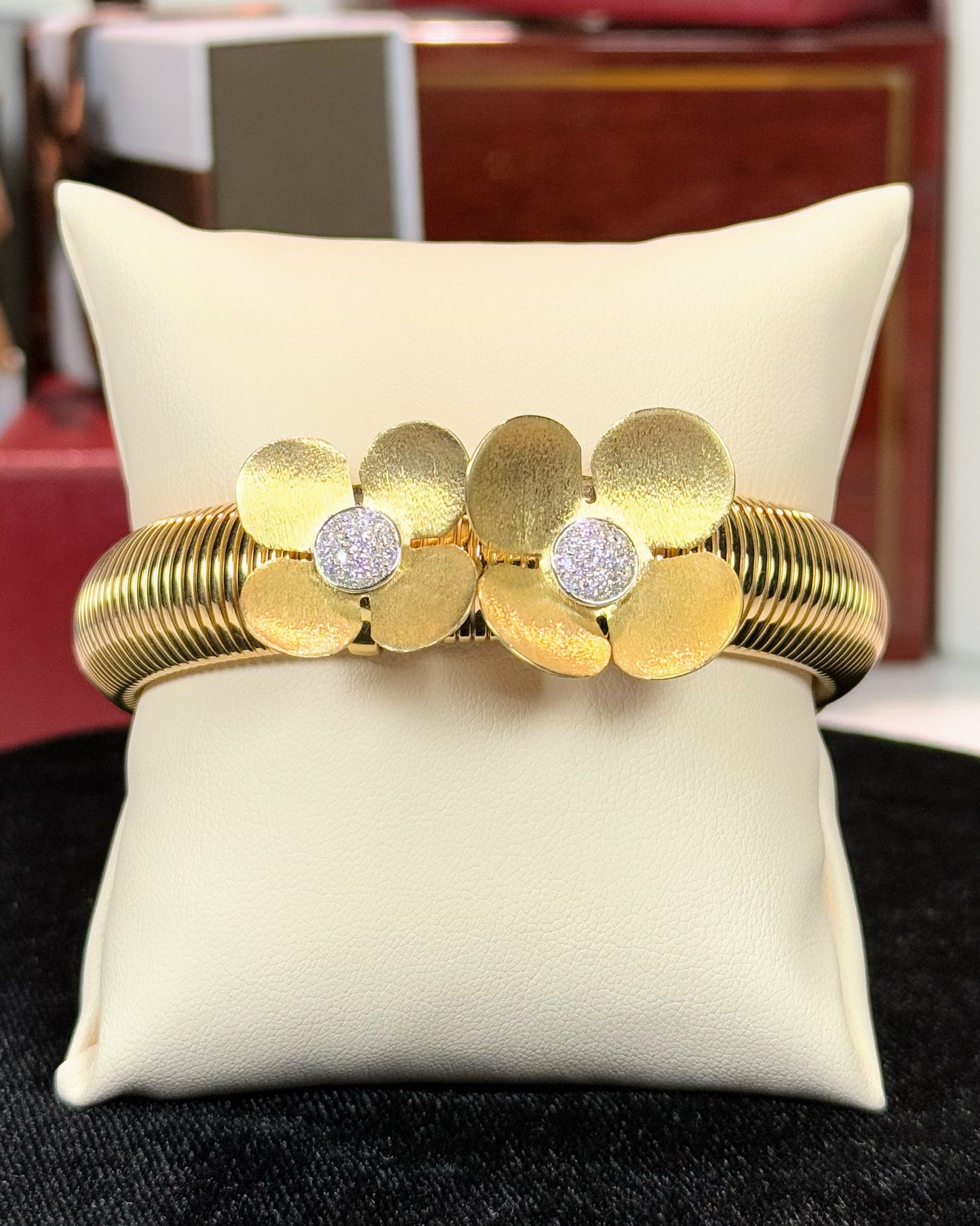 Twin Diamond Flower 14k Yellow Gold Bangle