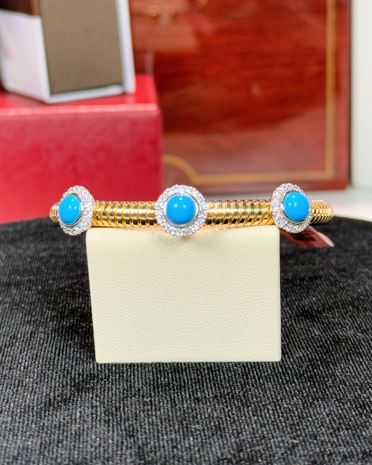 Turquoise and Diamond 14k Yellow Gold Bangle