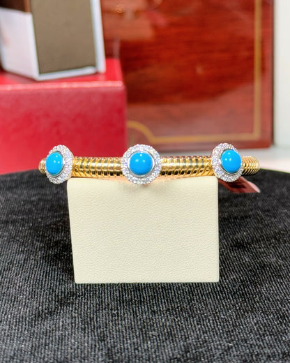 Turquoise and Diamond 14k Yellow Gold Bangle