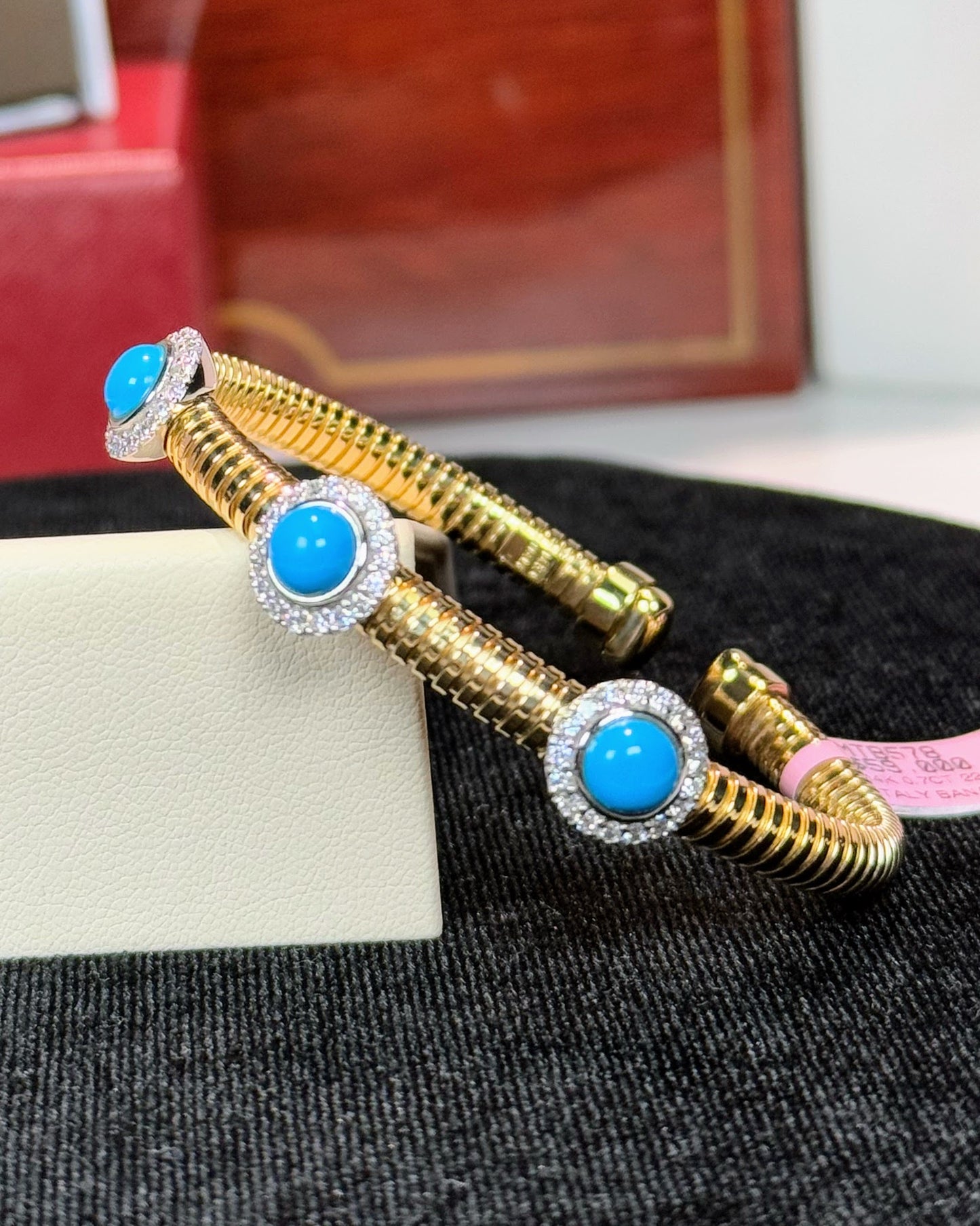 Turquoise and Diamond 14k Yellow Gold Bangle