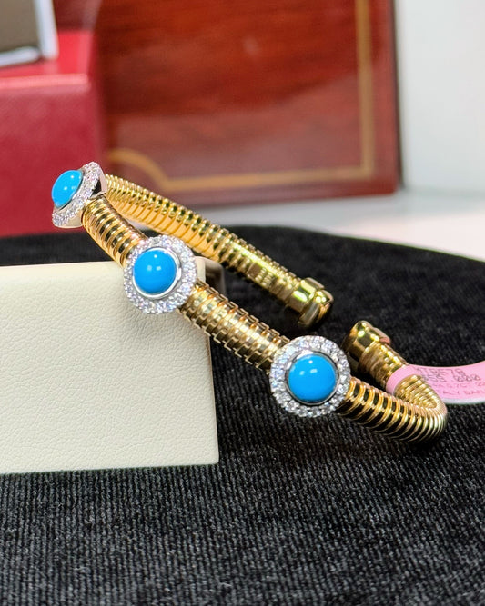 Turquoise and Diamond 14k Yellow Gold Bangle