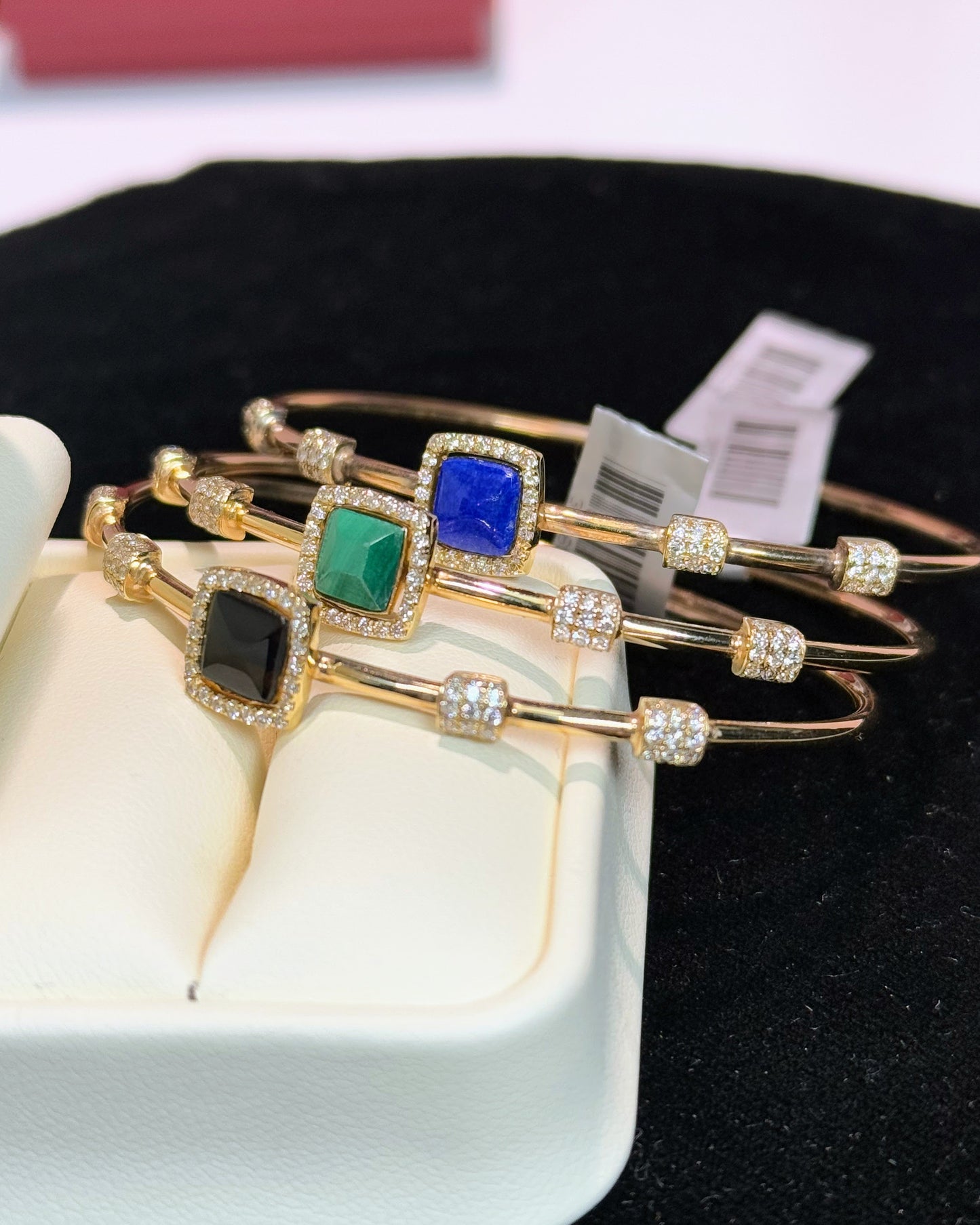 Color Stone Halo Diamond 14k Yellow Gold Bangle