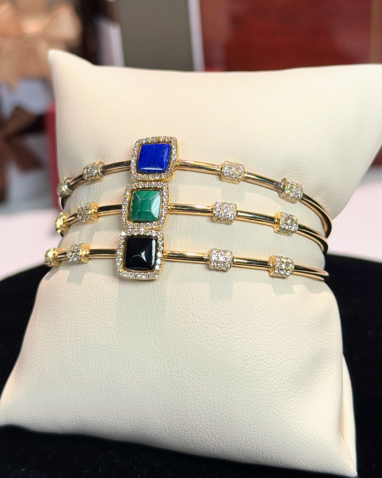 Color Stone Halo Diamond 14k Yellow Gold Bangle