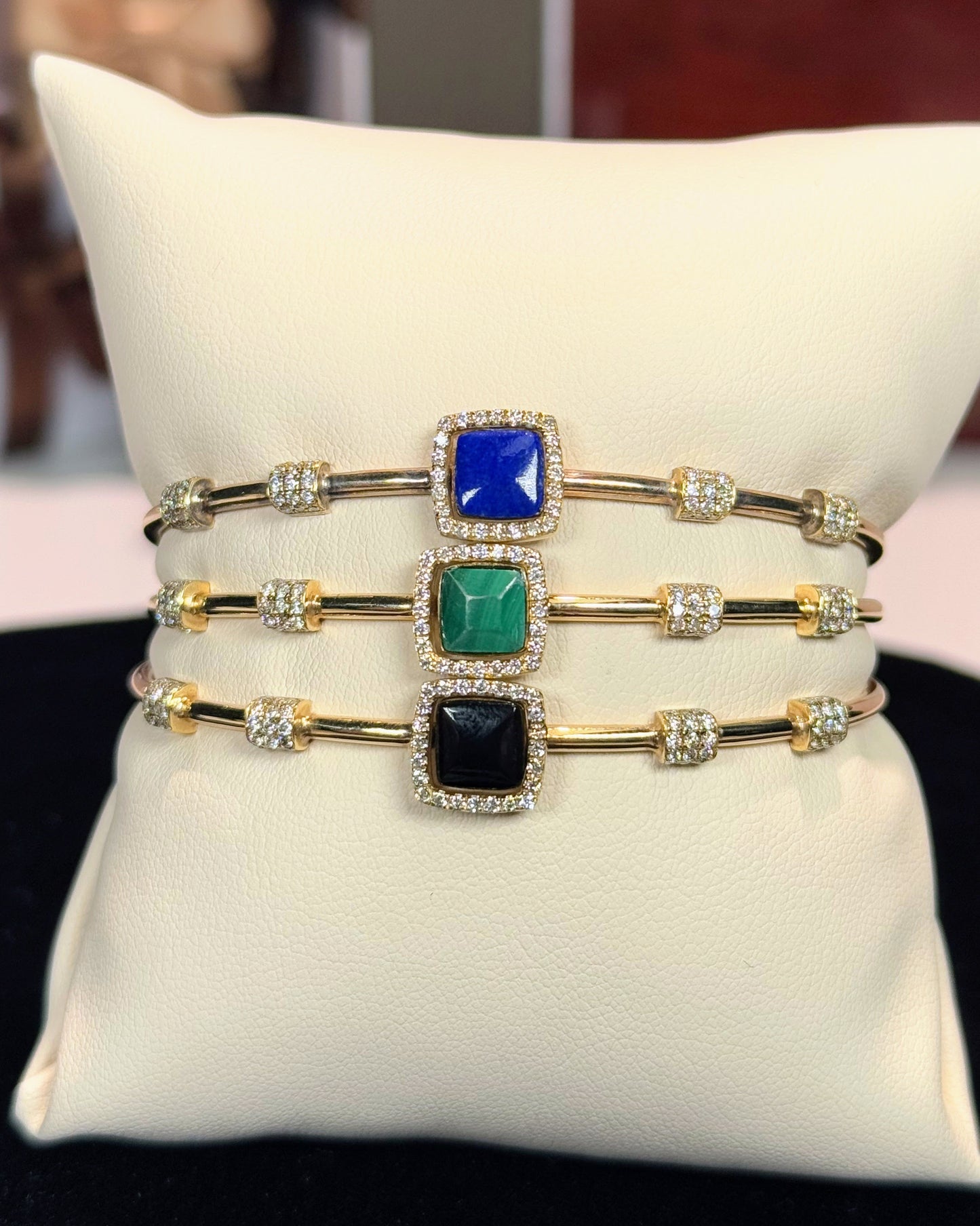 Color Stone Halo Diamond 14k Yellow Gold Bangle