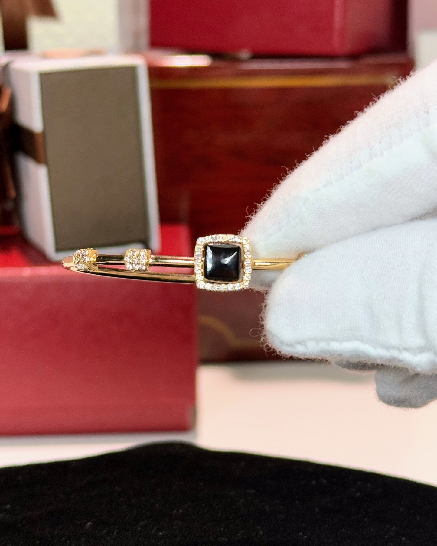 Color Stone Halo Diamond 14k Yellow Gold Bangle