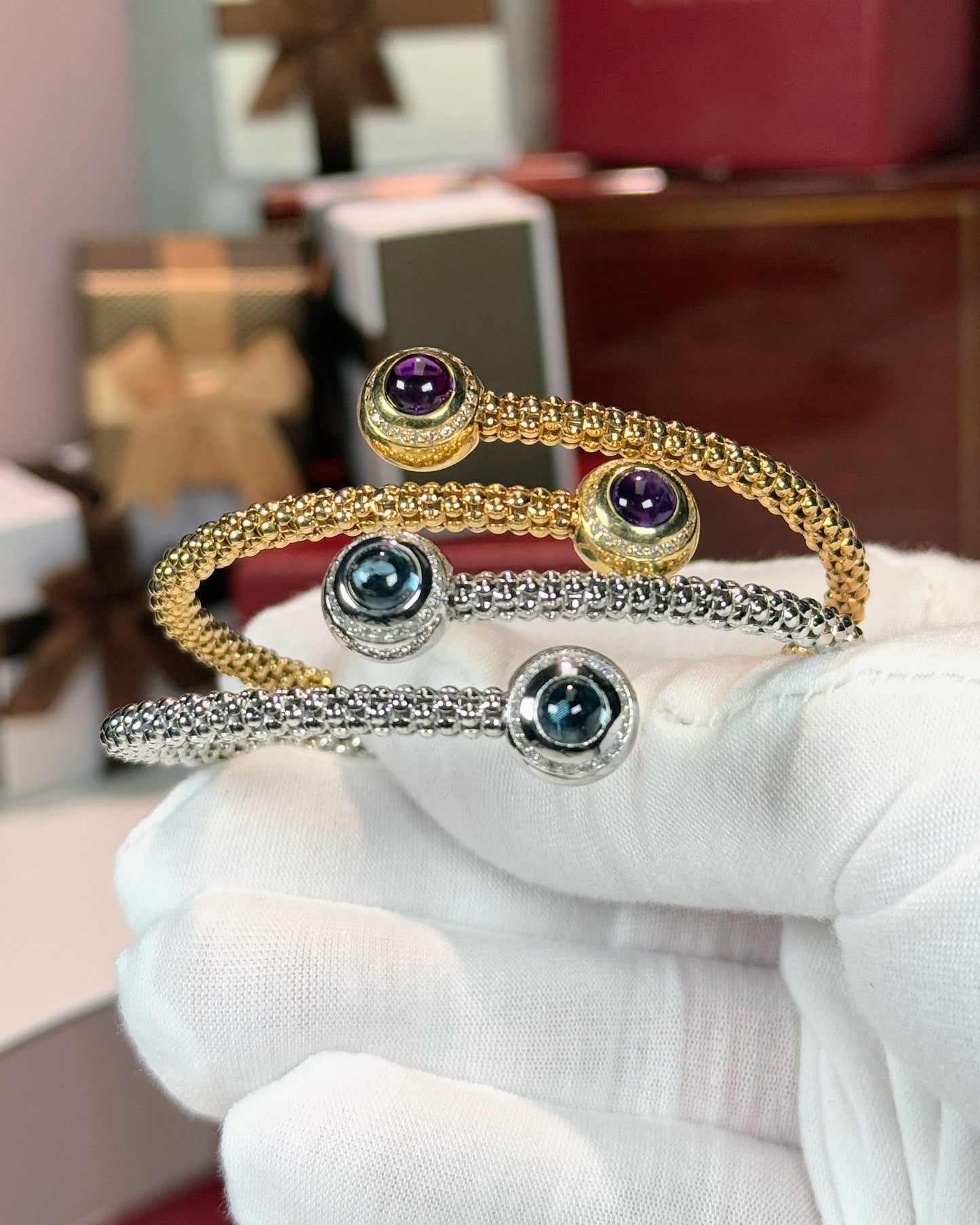 Amethyst and Diamond 14k Yellow Gold Bangle