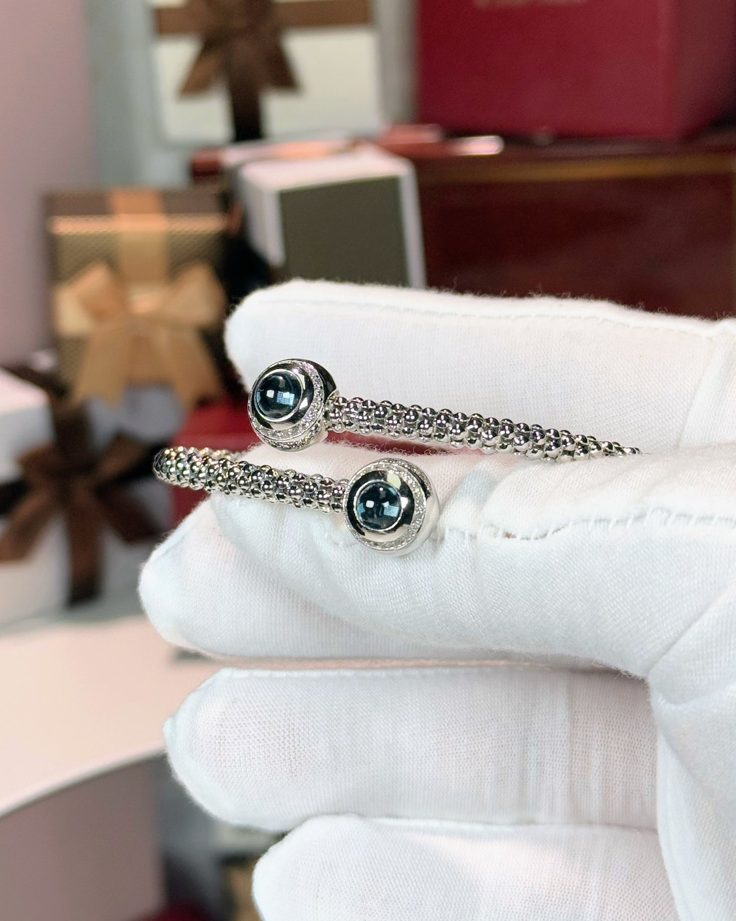 Aquamarine and Diamond 14k White Gold Bangle