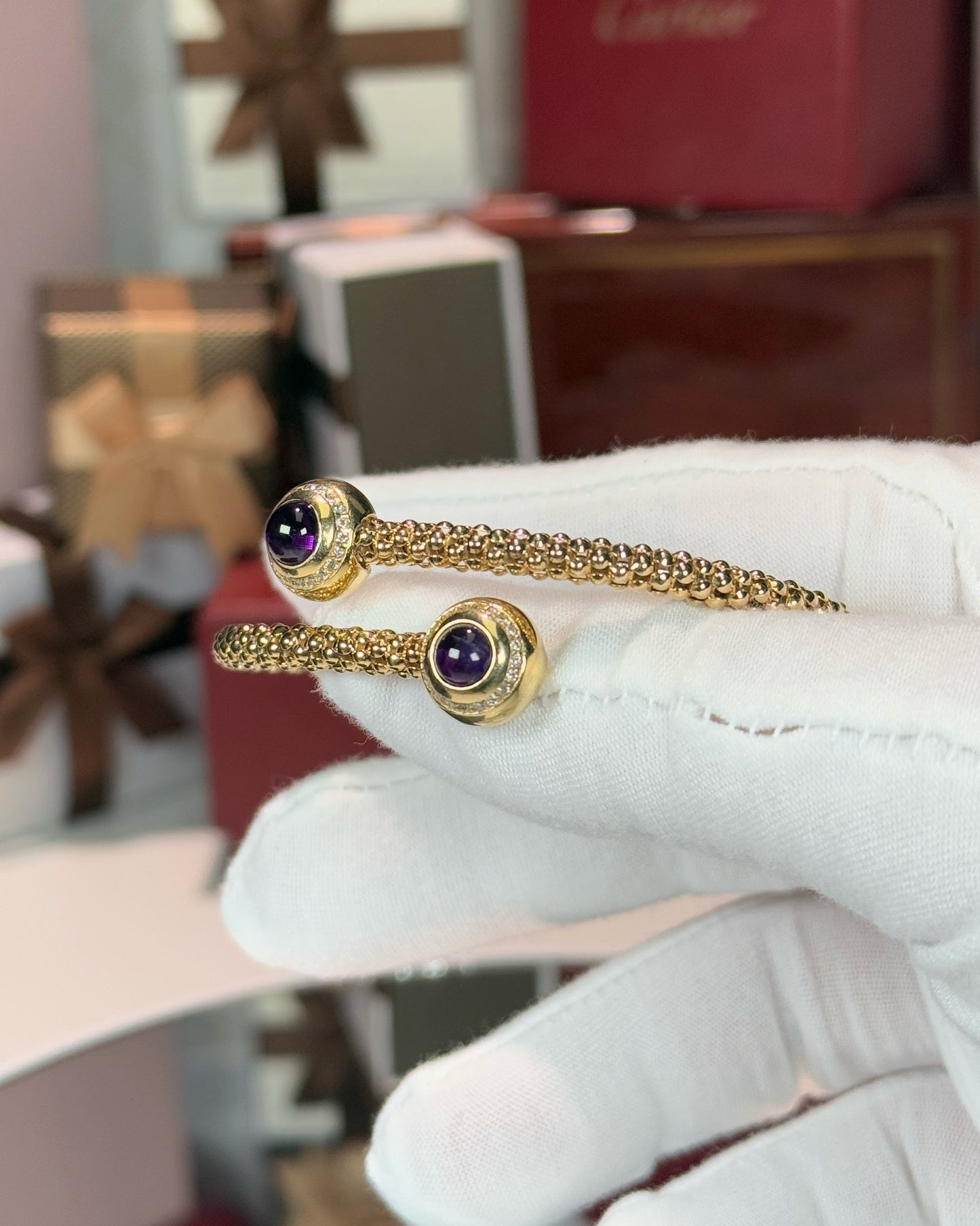 Amethyst and Diamond 14k Yellow Gold Bangle