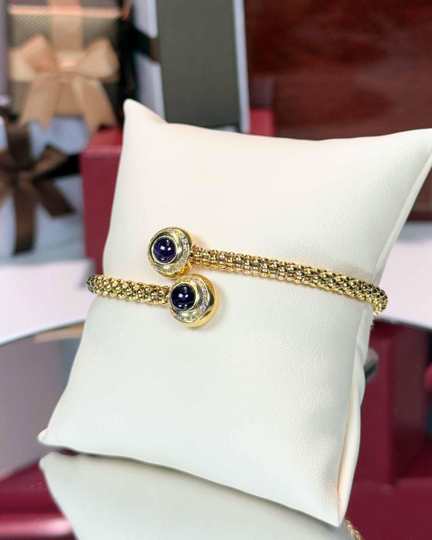 Amethyst and Diamond 14k Yellow Gold Bangle