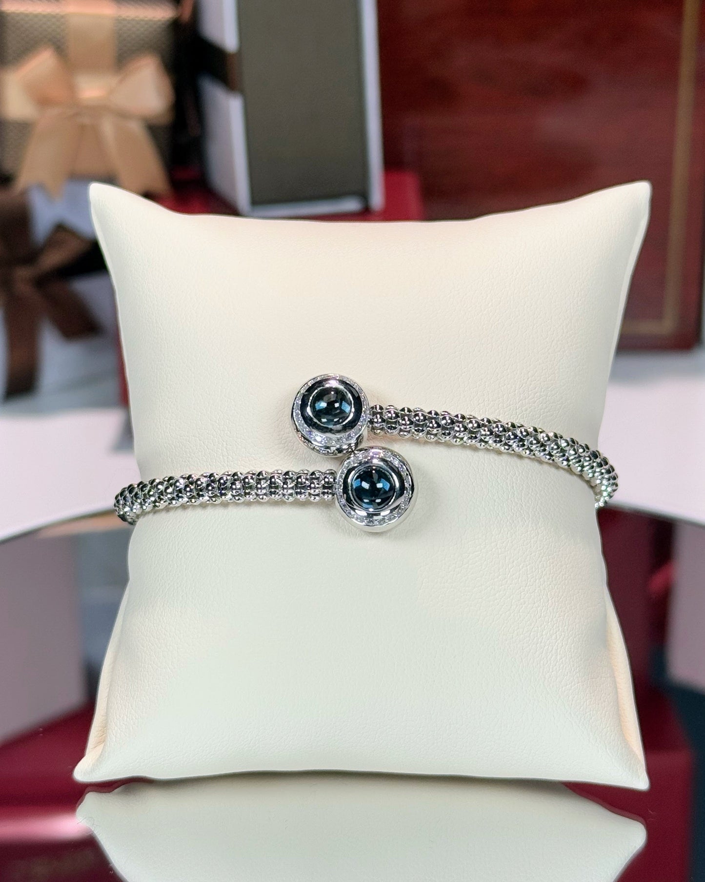 Aquamarine and Diamond 14k White Gold Bangle
