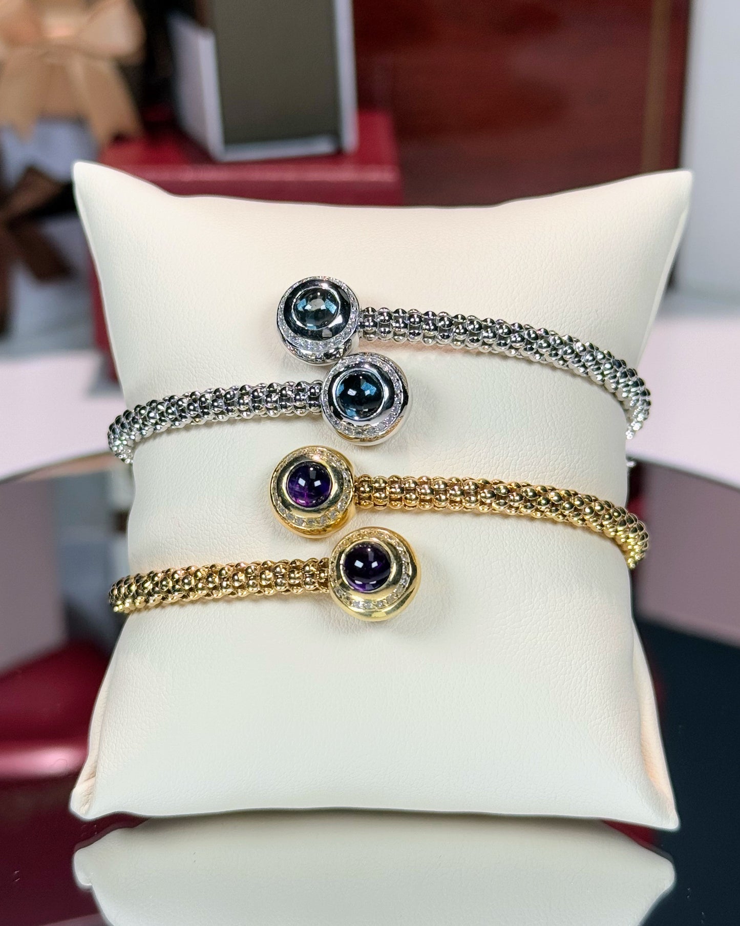 Amethyst and Diamond 14k Yellow Gold Bangle
