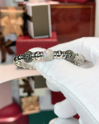 Thriple Balls Diamond and Black Diamond 14k White Gold Bangle