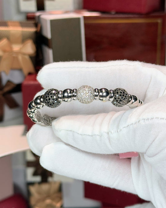 Thriple Balls Diamond and Black Diamond 14k White Gold Bangle