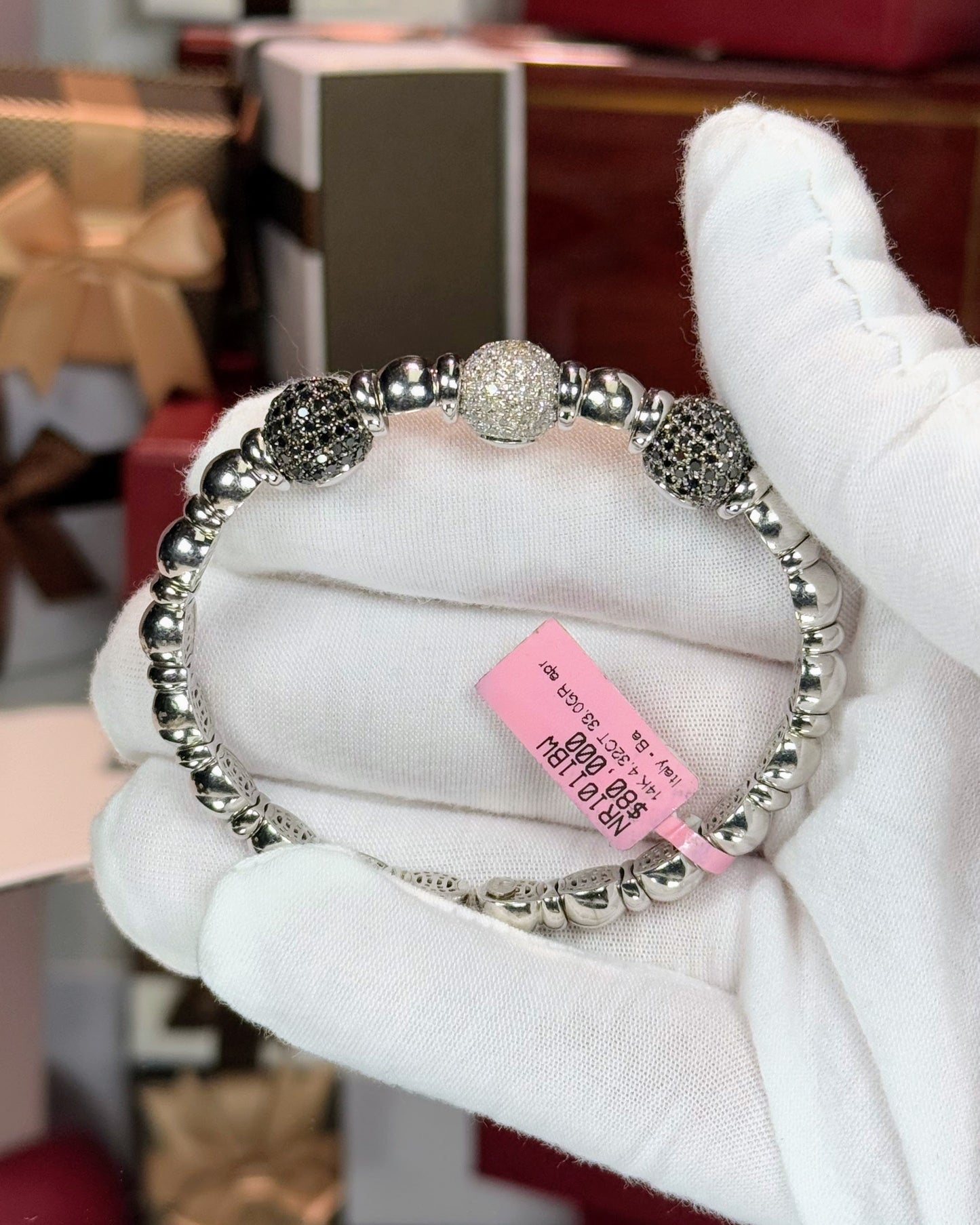 Thriple Balls Diamond and Black Diamond 14k White Gold Bangle