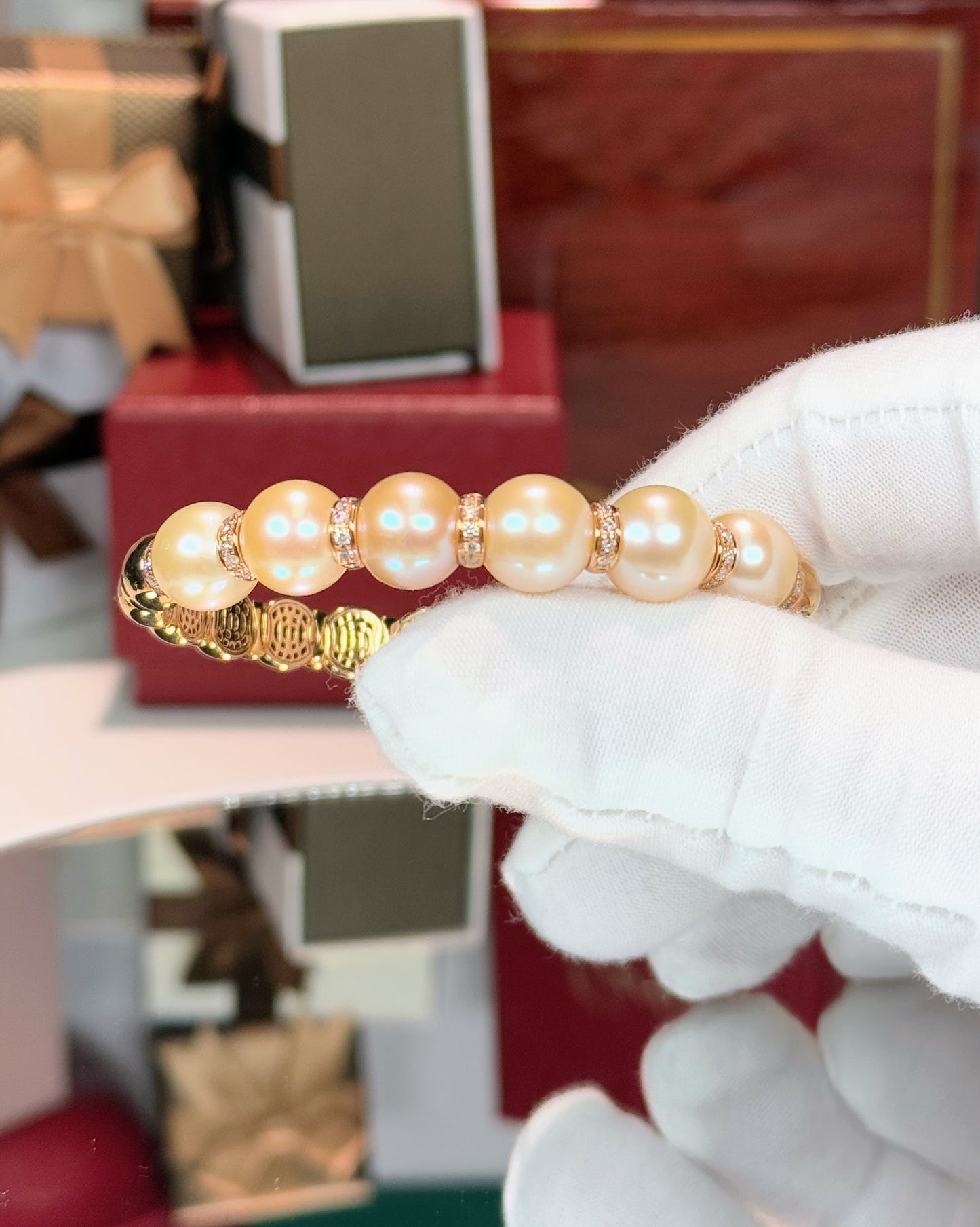 Rosaline Pearl and 14k Rose Gold Diamond Bangle Bracelet