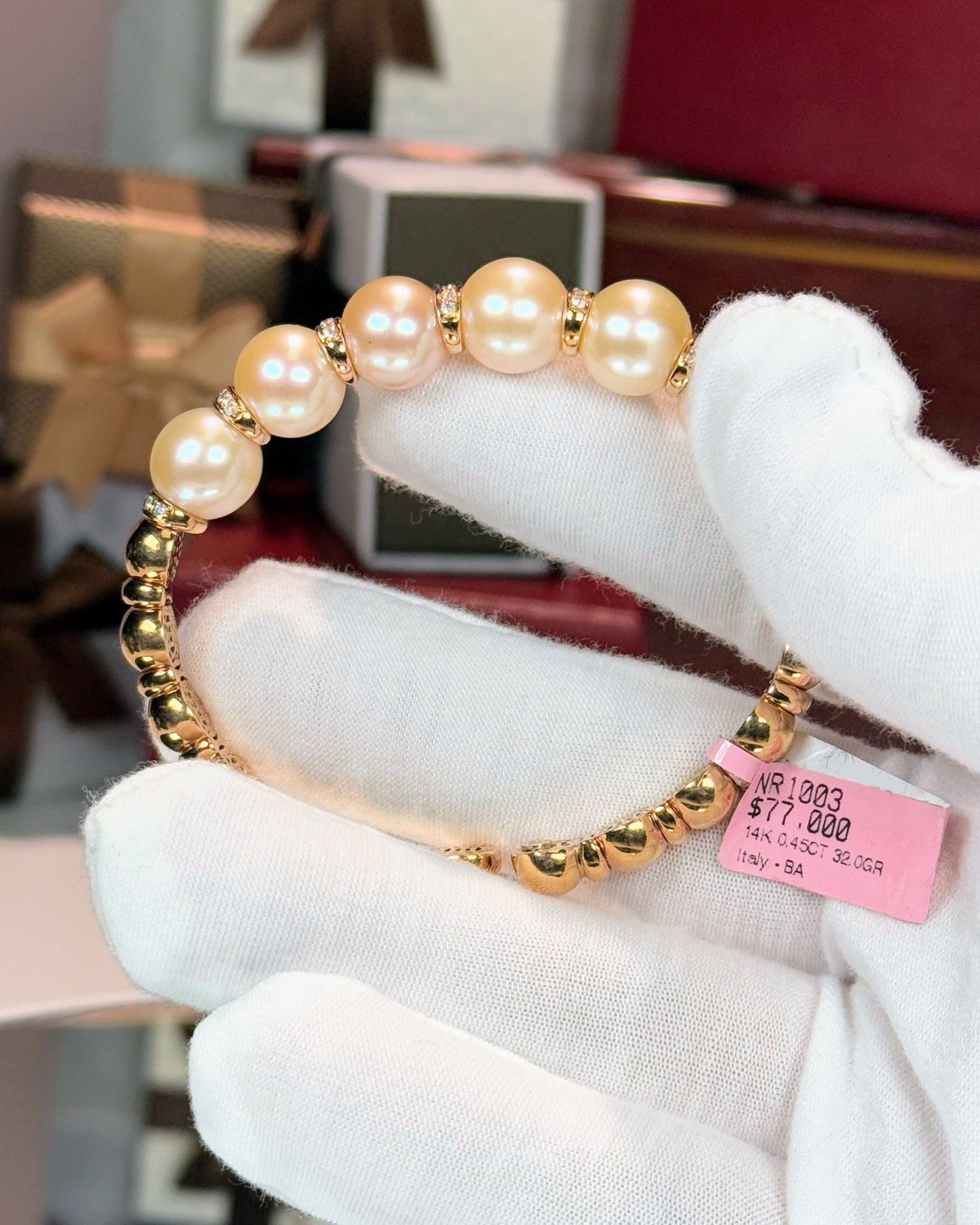 Rosaline Pearl and 14k Rose Gold Diamond Bangle Bracelet