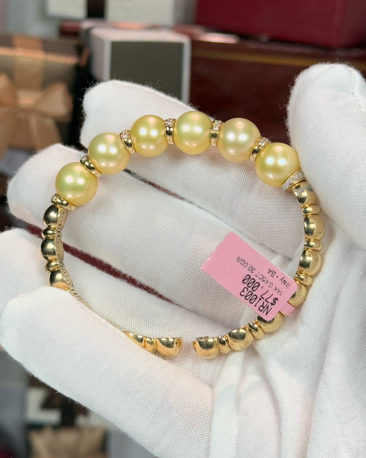 Golden Pearl and 14k Yellow Gold Diamond Bangle Bracelet