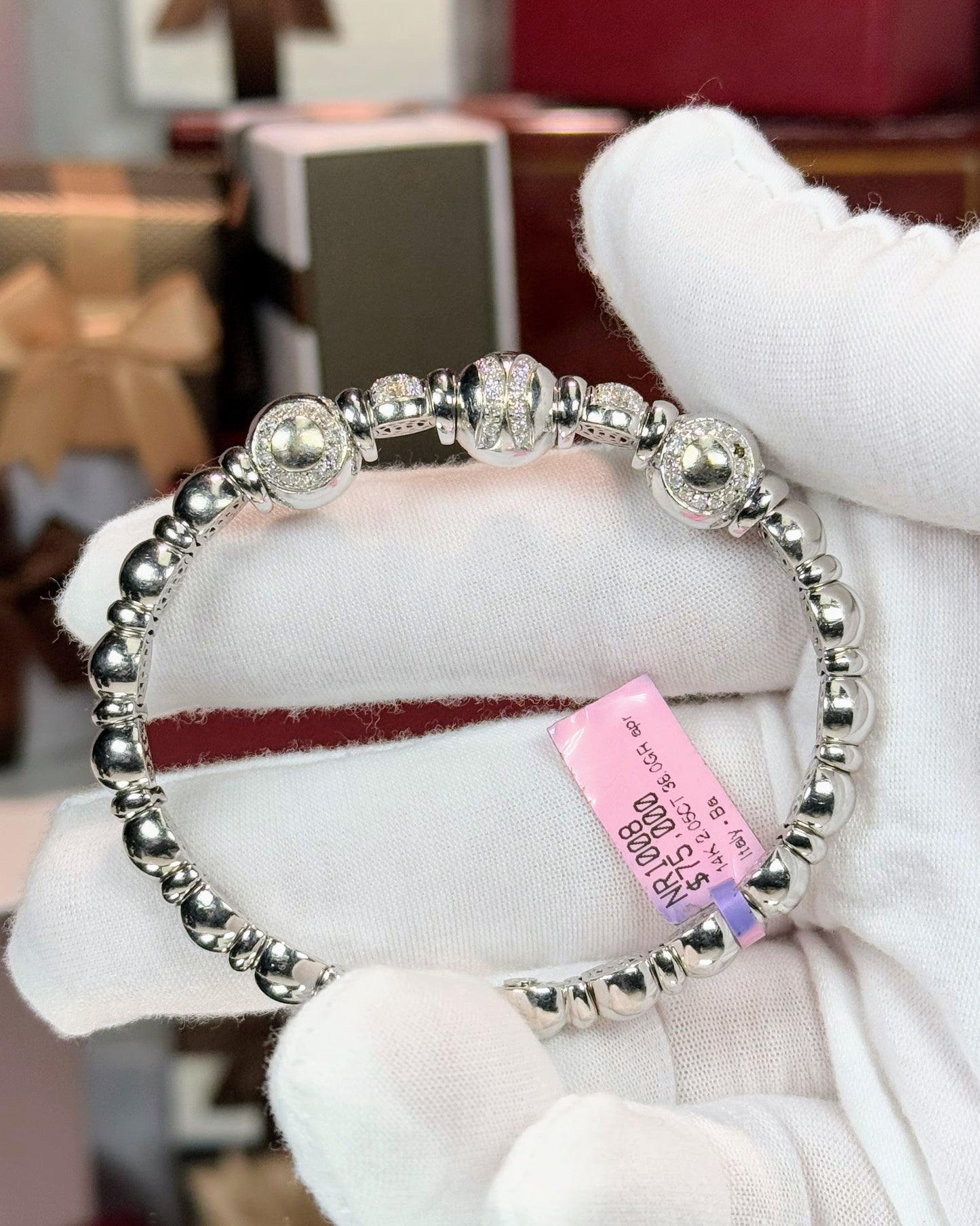 Ball Design 14k White Gold Diamond Bangle Bracelet