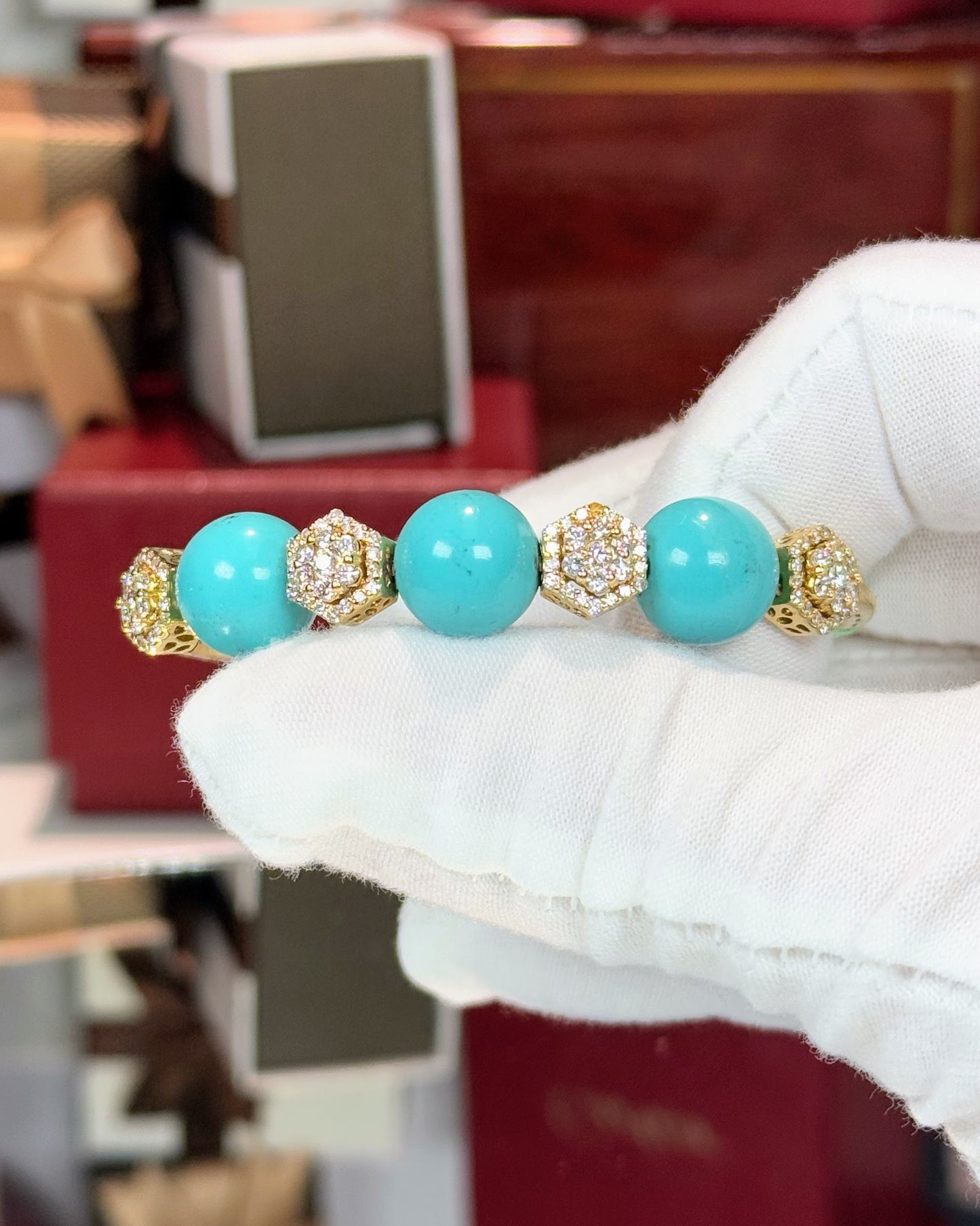 Turquoise Beads and Hexagon Diamond Design 18k Yellow Gold Bangle Bracelet