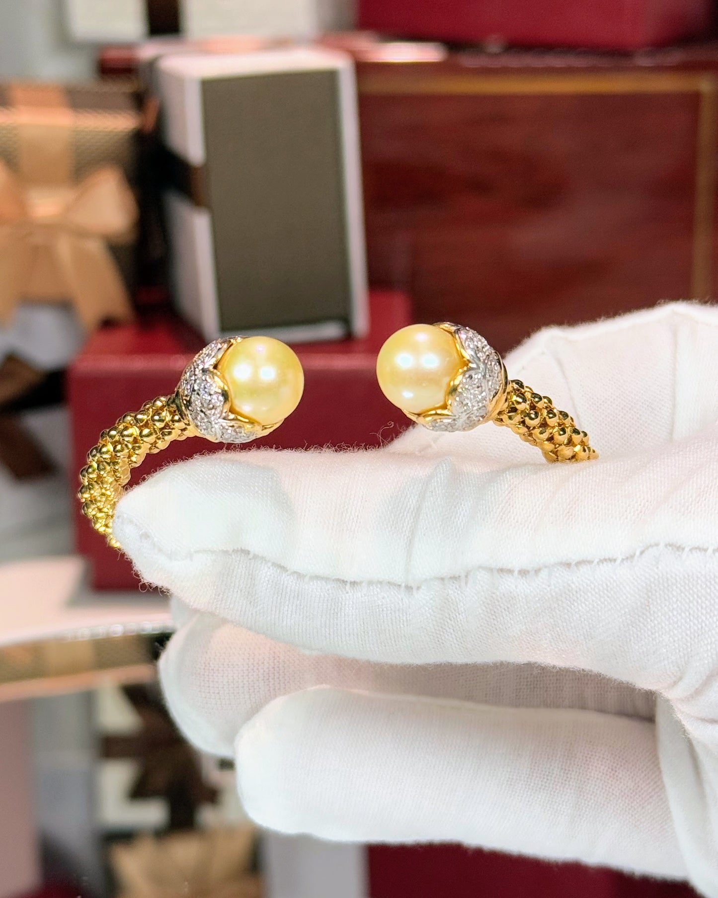 Golden Pearl Open Cuff 14k Yellow Gold Bangle