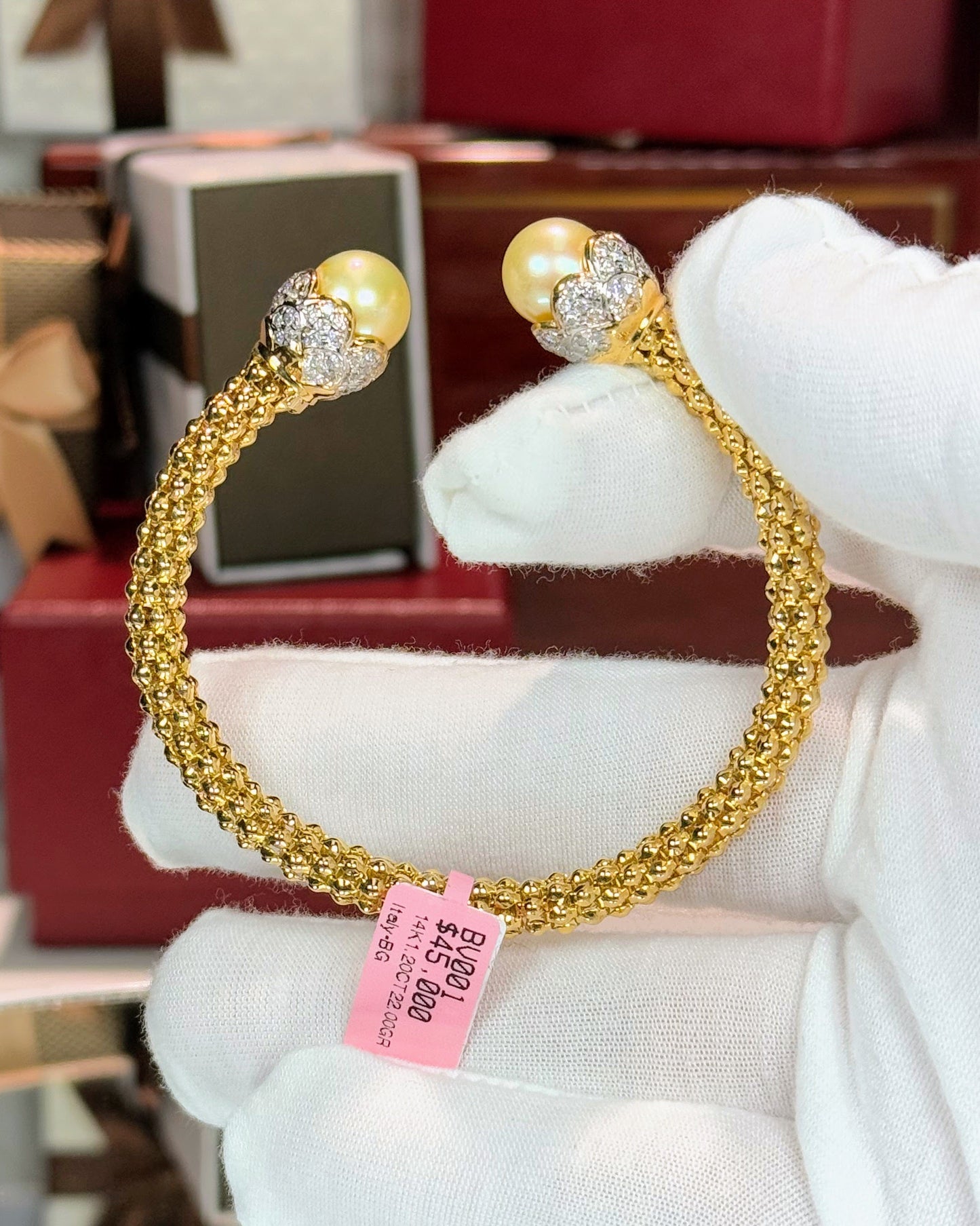 Golden Pearl Open Cuff 14k Yellow Gold Bangle