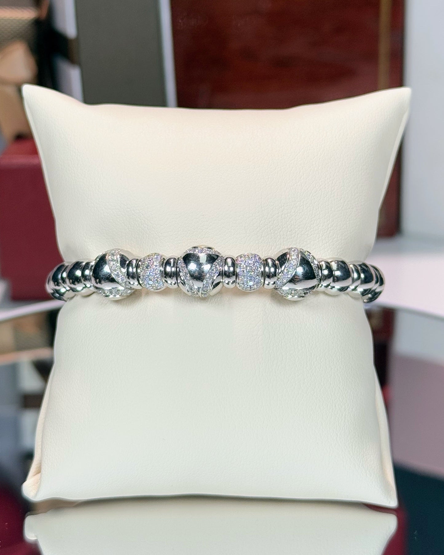 Ball Design 14k White Gold Diamond Bangle Bracelet