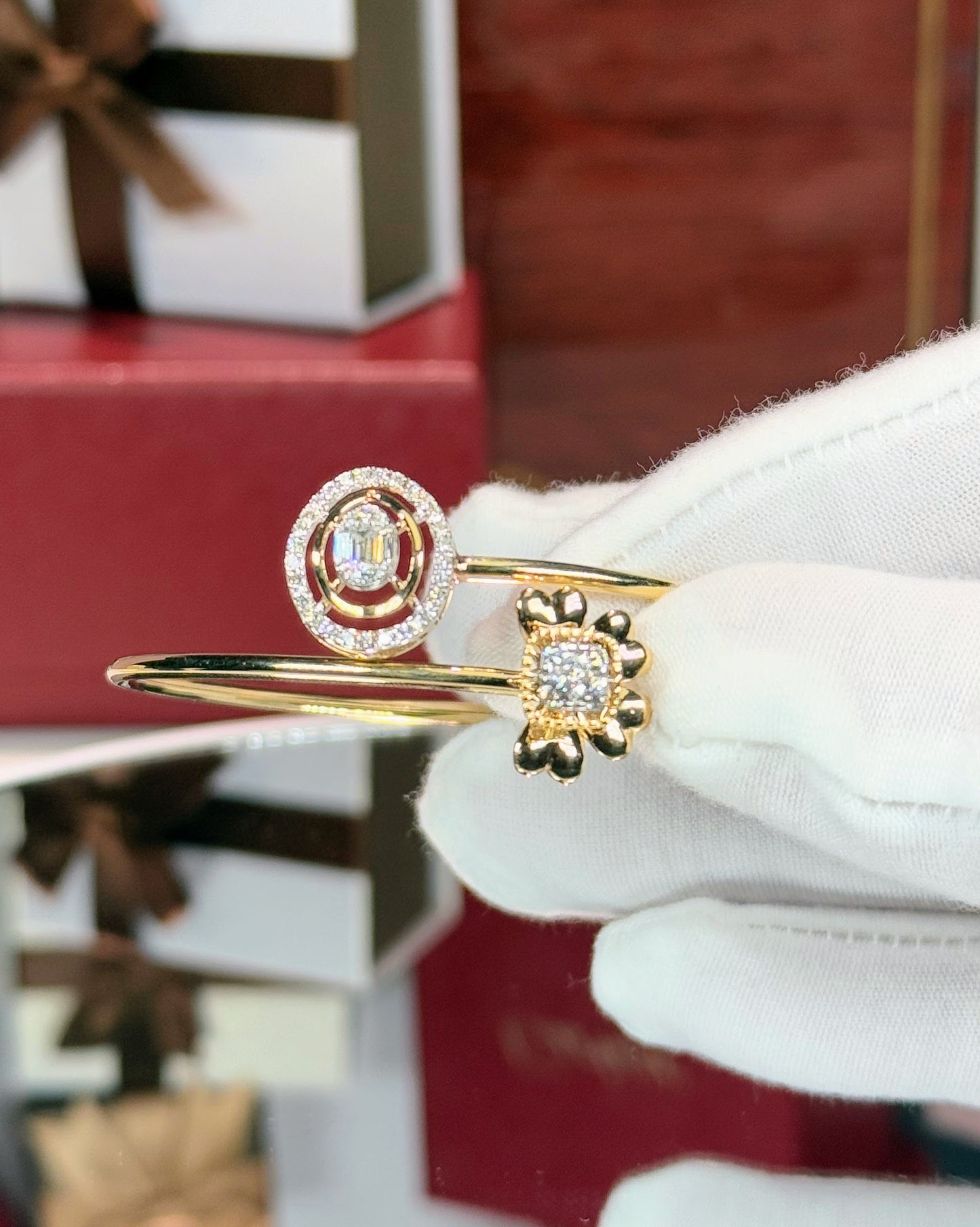 Flower and Oval Design 14k Yellow Gold Diamond Bangle