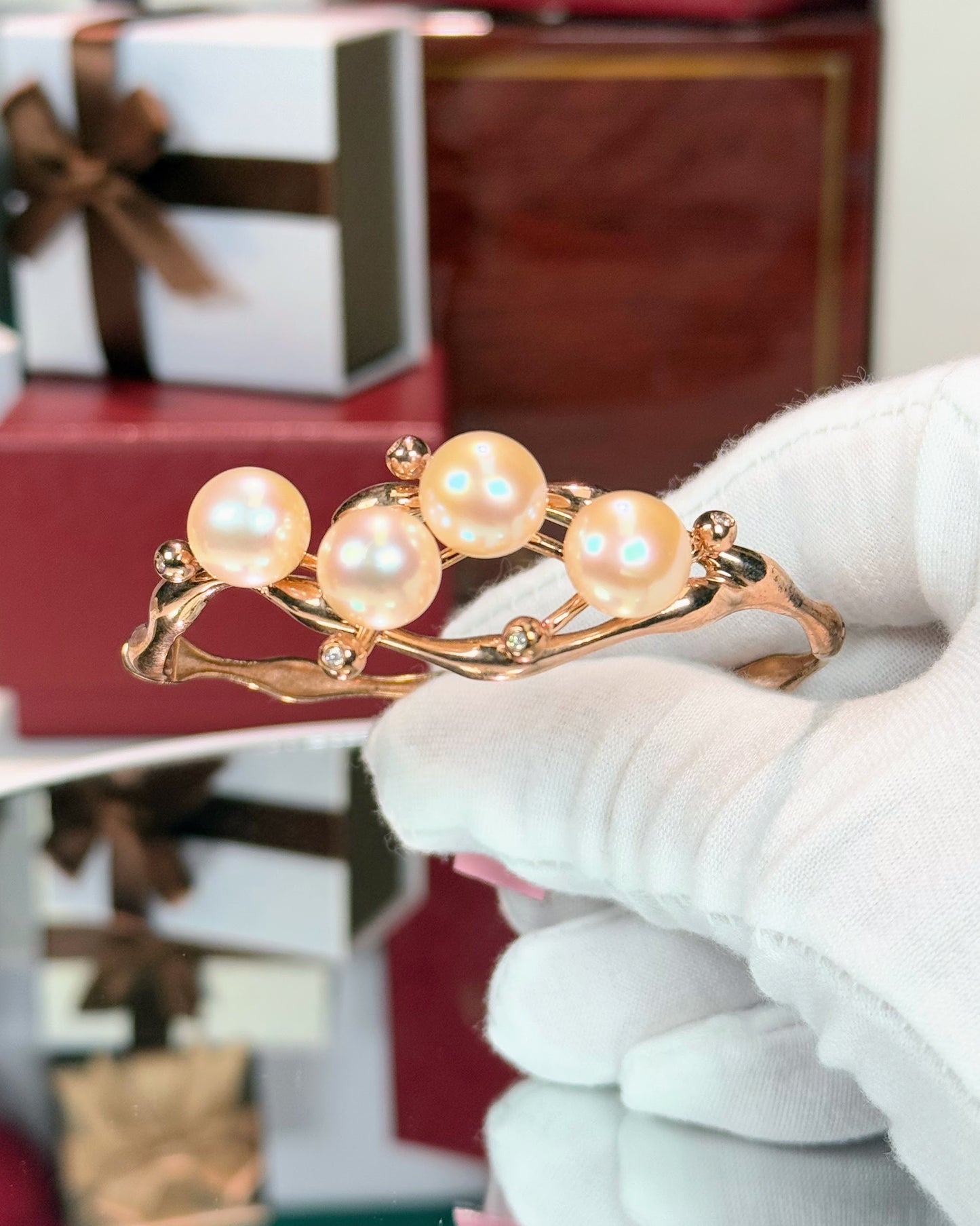 Rosaline Pearl and 14k Rose Gold Vine Design Diamond Bangle