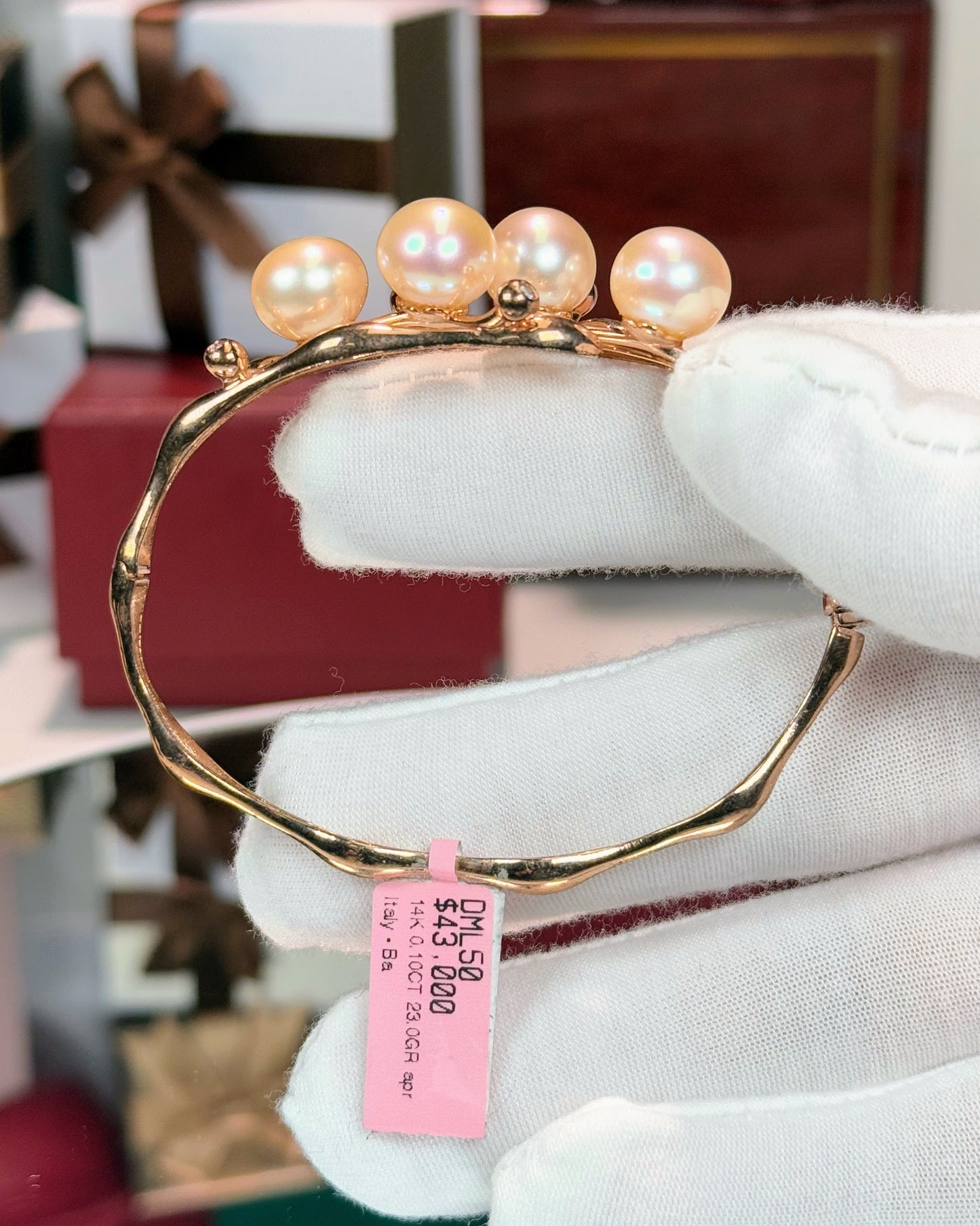 Rosaline Pearl and 14k Rose Gold Vine Design Diamond Bangle