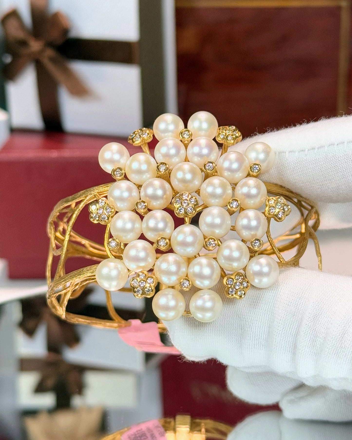 Vine Design 14k Yellow Gold Cream Pearl Diamond Bangle