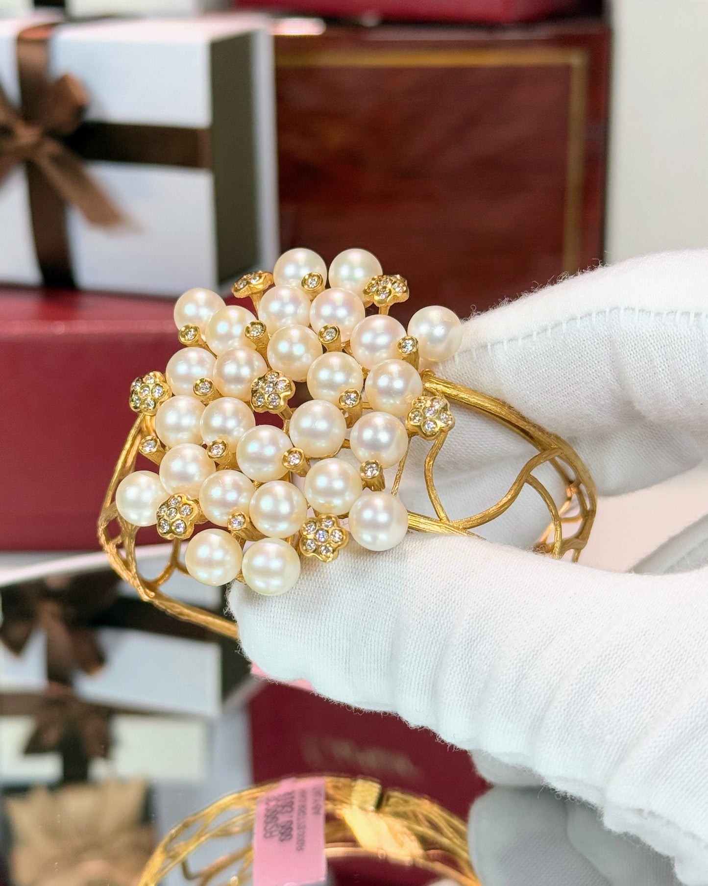 Vine Design 14k Yellow Gold Cream Pearl Diamond Bangle