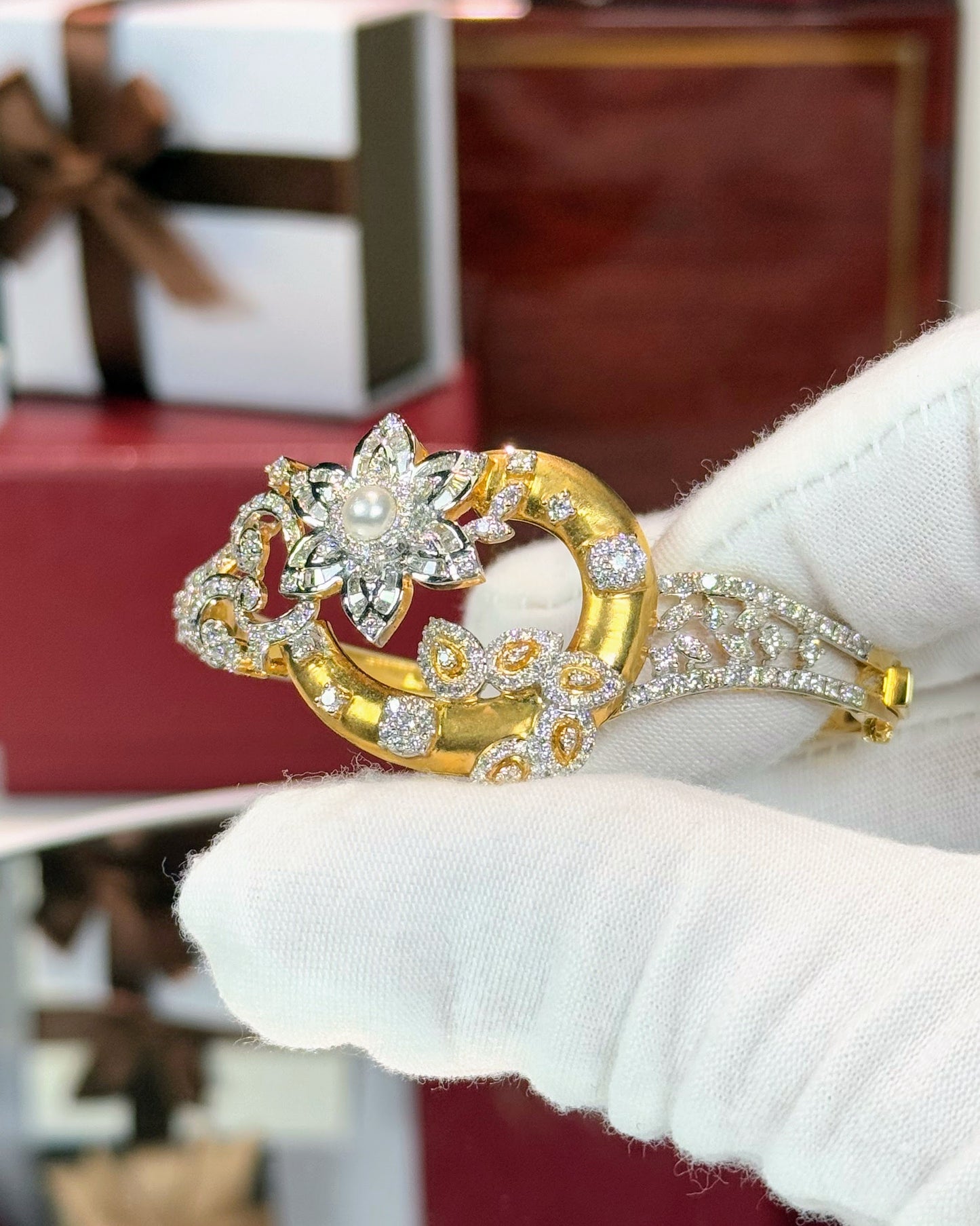 Floral Design 14k Yellow Gold Diamond Bangle