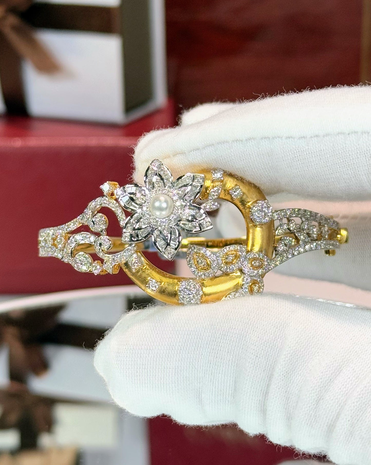 Floral Design 14k Yellow Gold Diamond Bangle