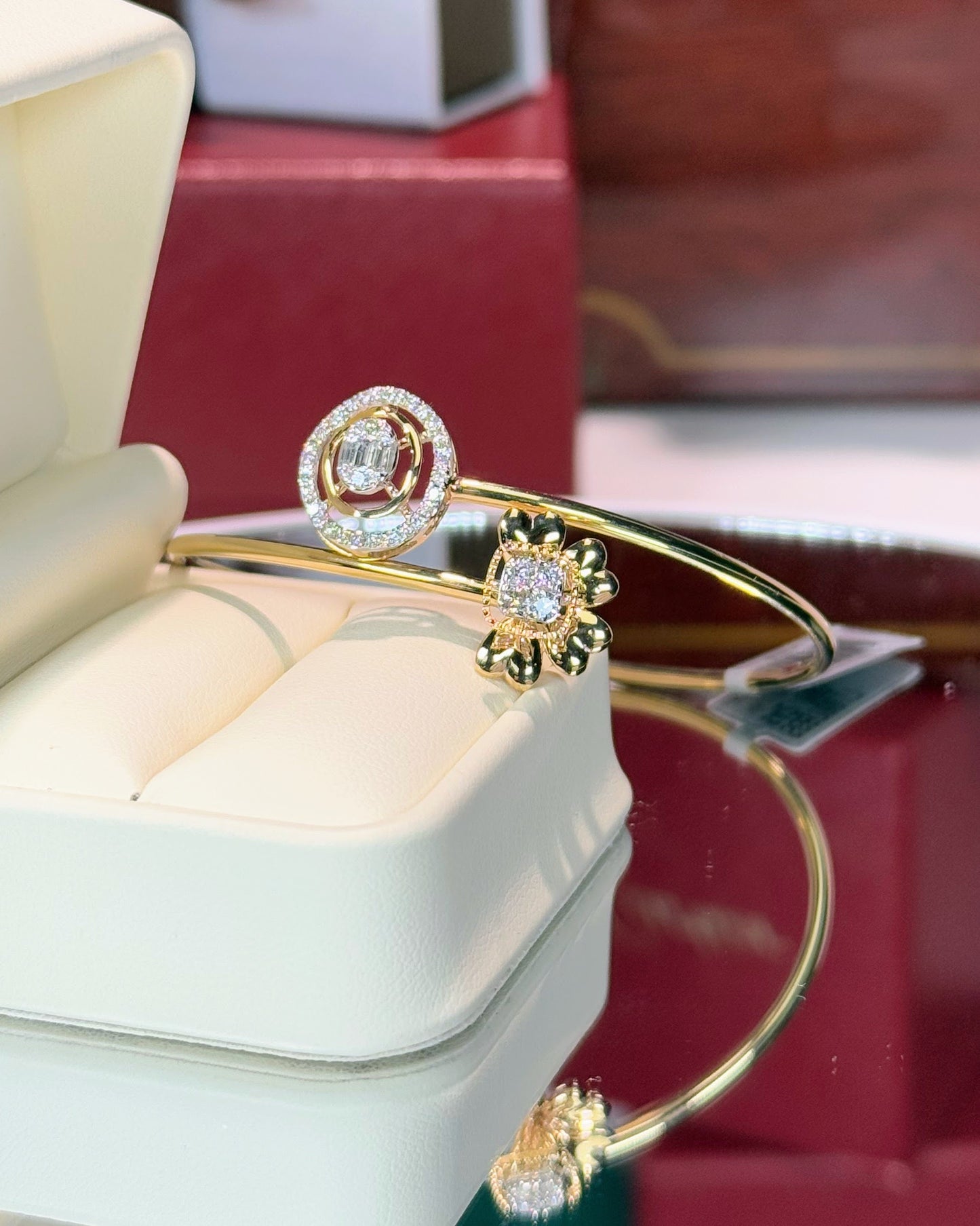 Flower and Oval Design 14k Yellow Gold Diamond Bangle