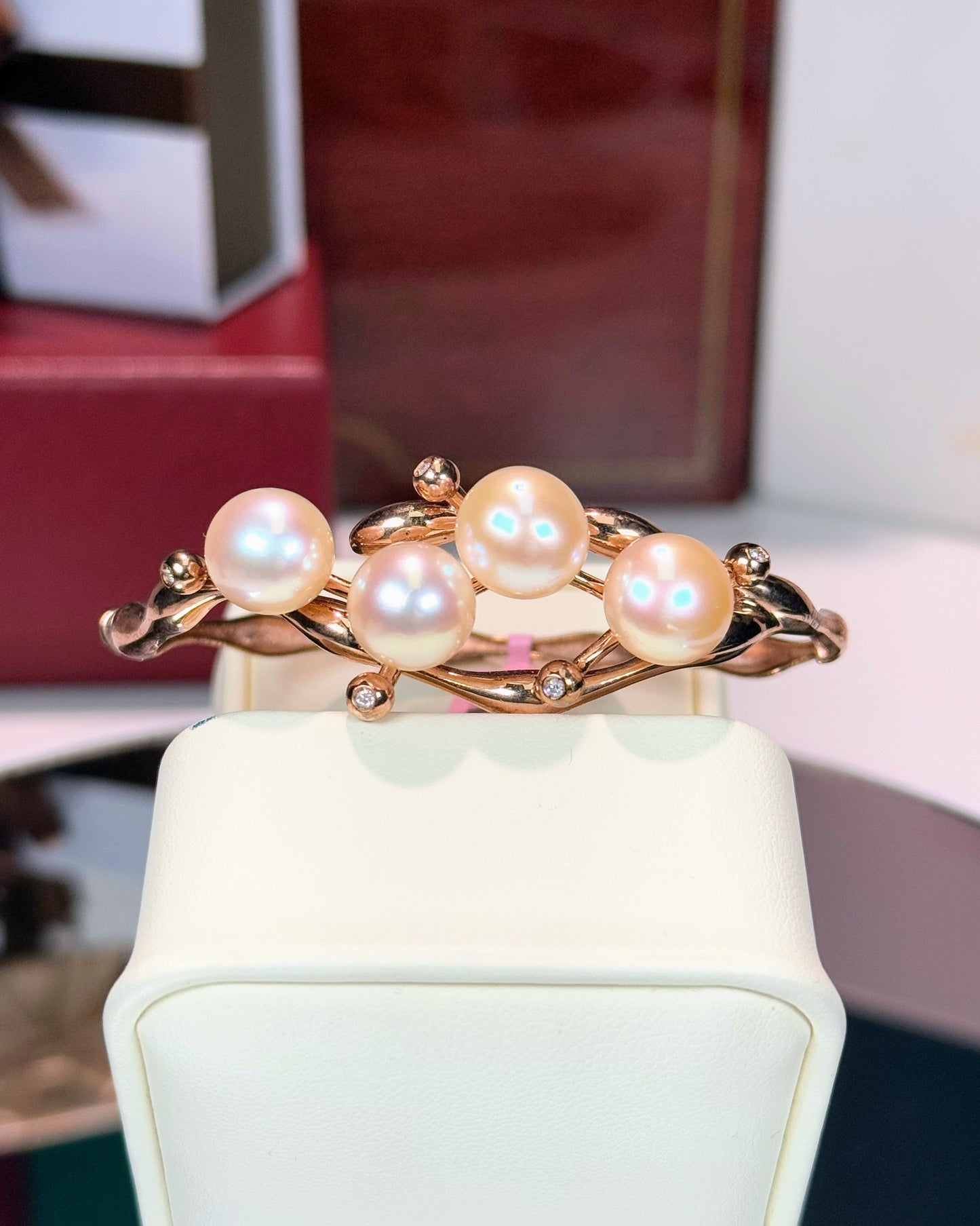 Rosaline Pearl and 14k Rose Gold Vine Design Diamond Bangle