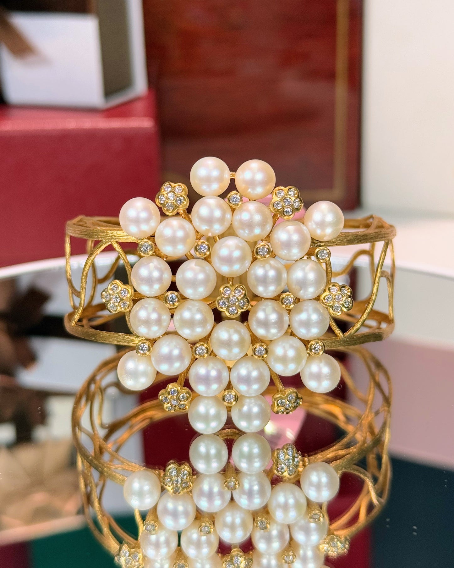 Vine Design 14k Yellow Gold Cream Pearl Diamond Bangle