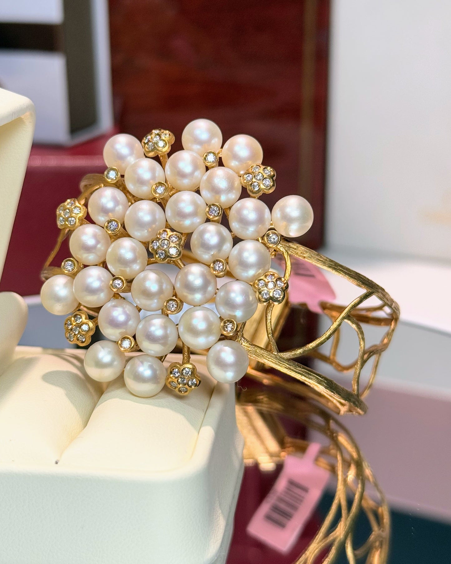 Vine Design 14k Yellow Gold Cream Pearl Diamond Bangle