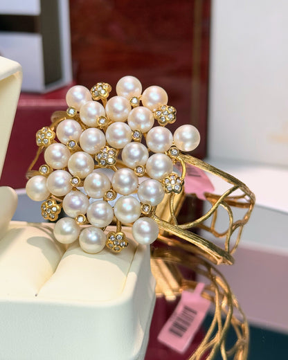 Vine Design 14k Yellow Gold Cream Pearl Diamond Bangle