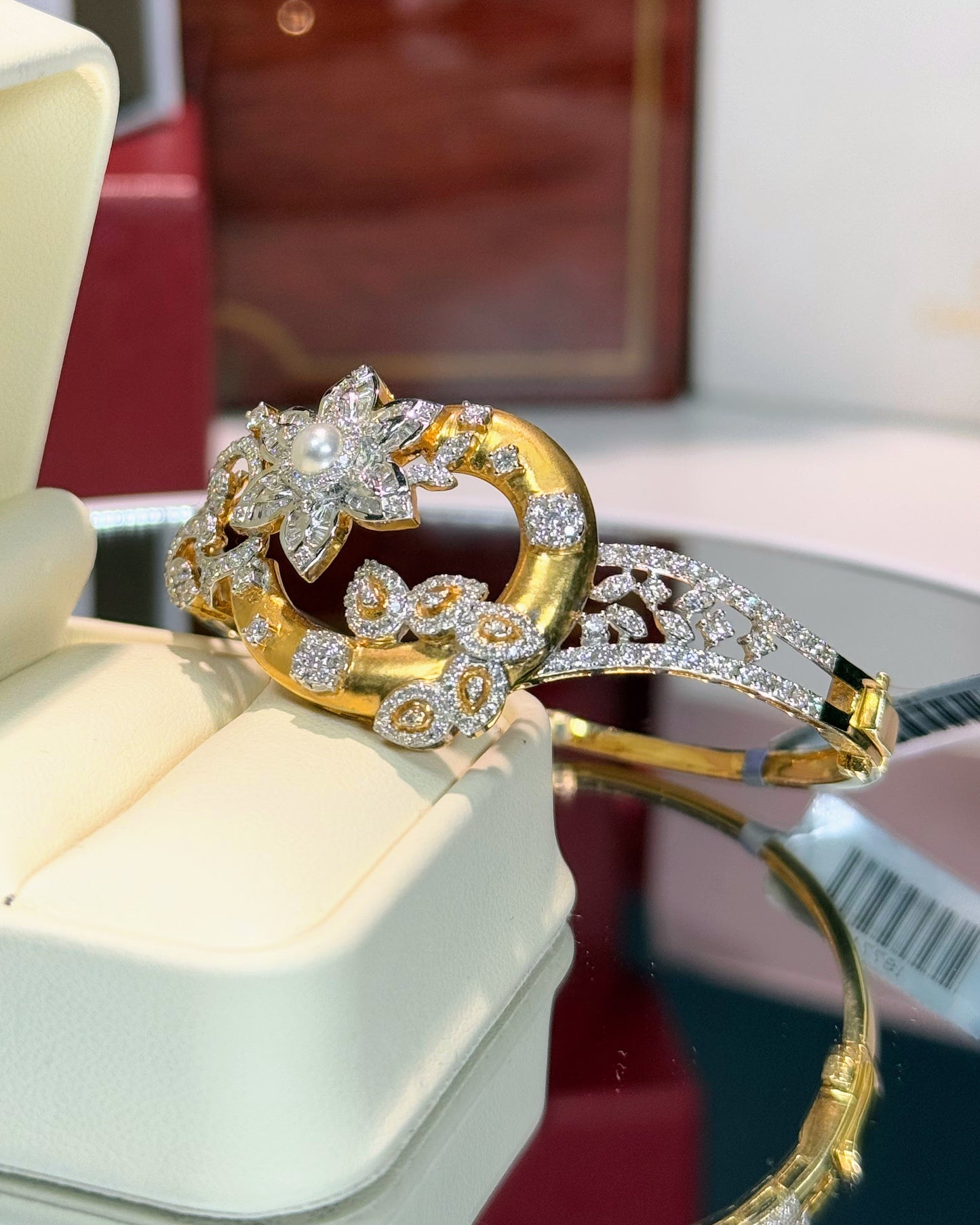 Floral Design 14k Yellow Gold Diamond Bangle
