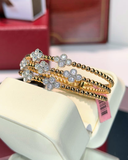 14k Yellow Gold Three Layer Diamond Clover Bangle