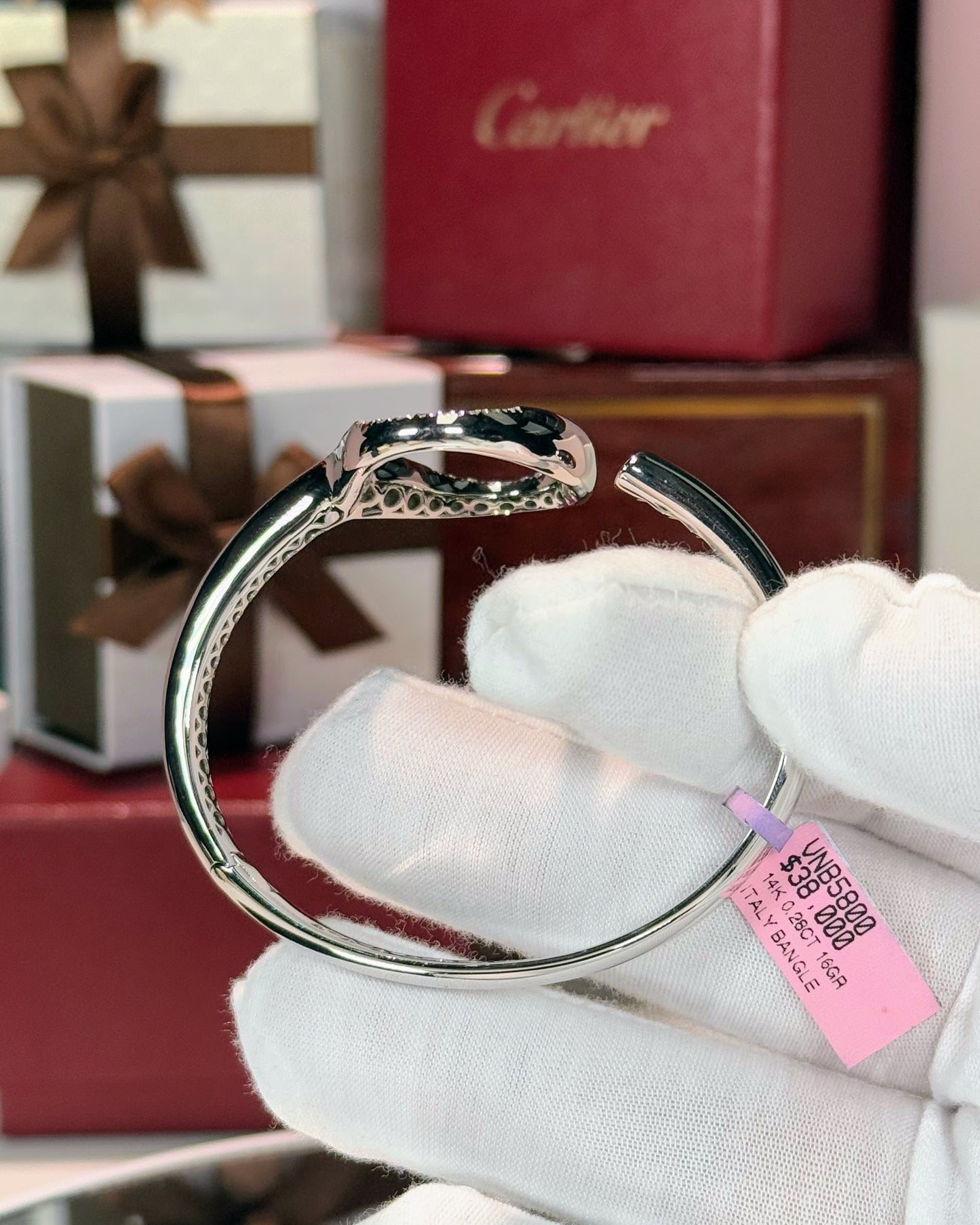 "0" Design Open Cuff 14k White Gold Diamond Bangle