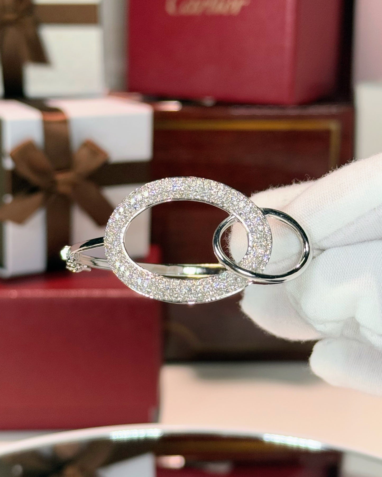 Doube Loop 14k White Gold Diamond Bangle