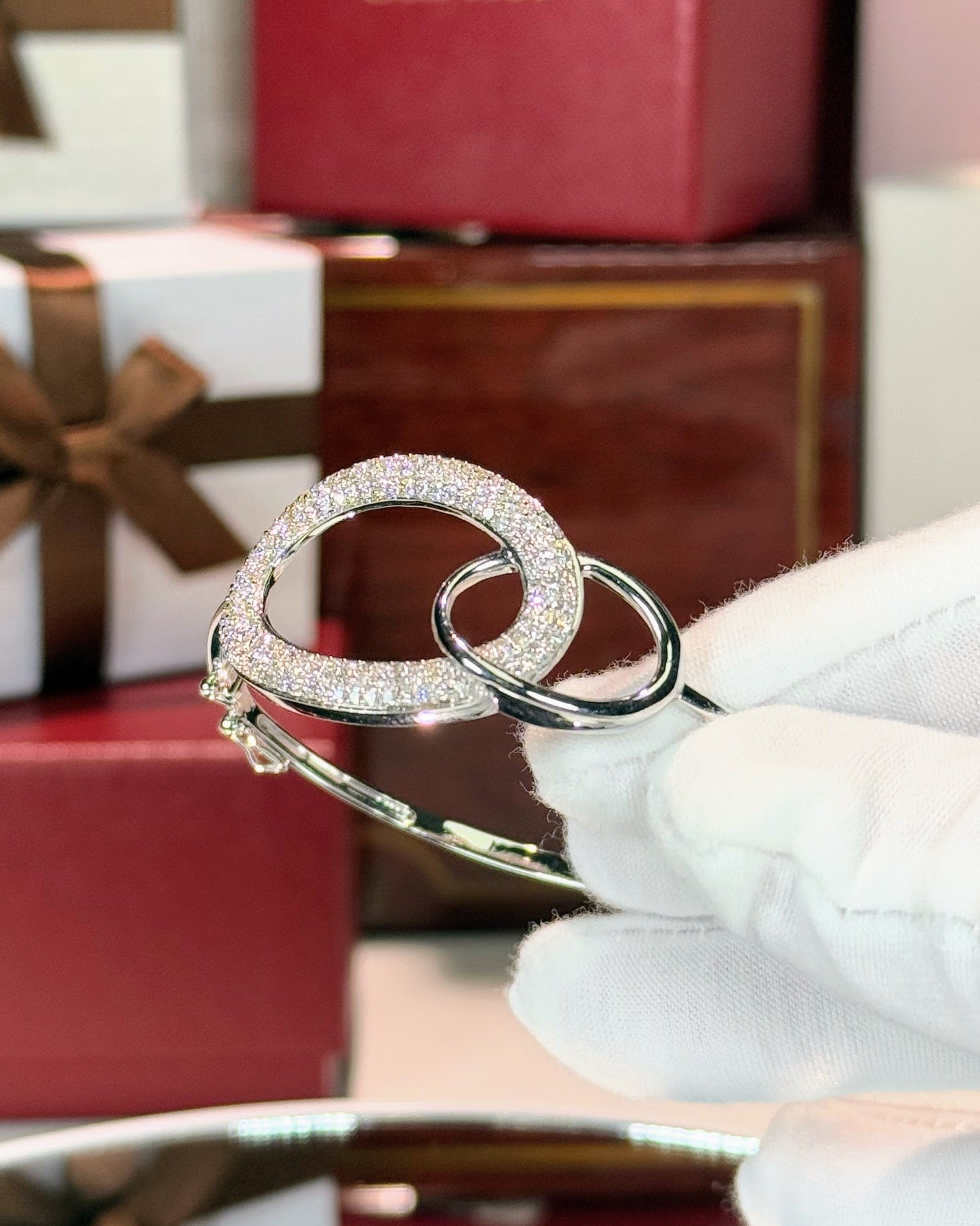 Doube Loop 14k White Gold Diamond Bangle