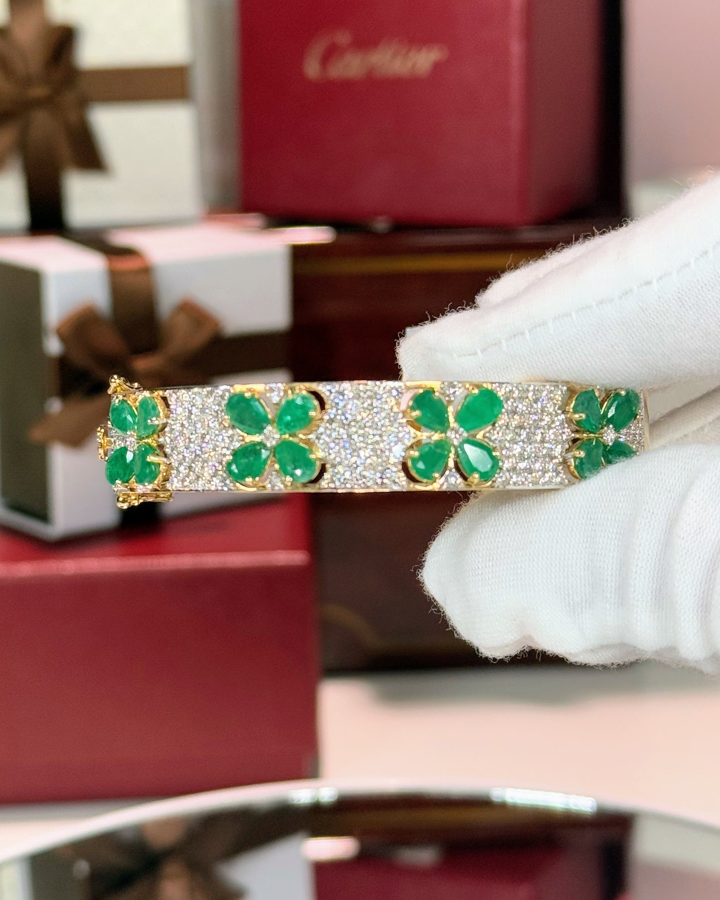 14k Yellow Gold Emerald Flowers Diamond Pave Bangle
