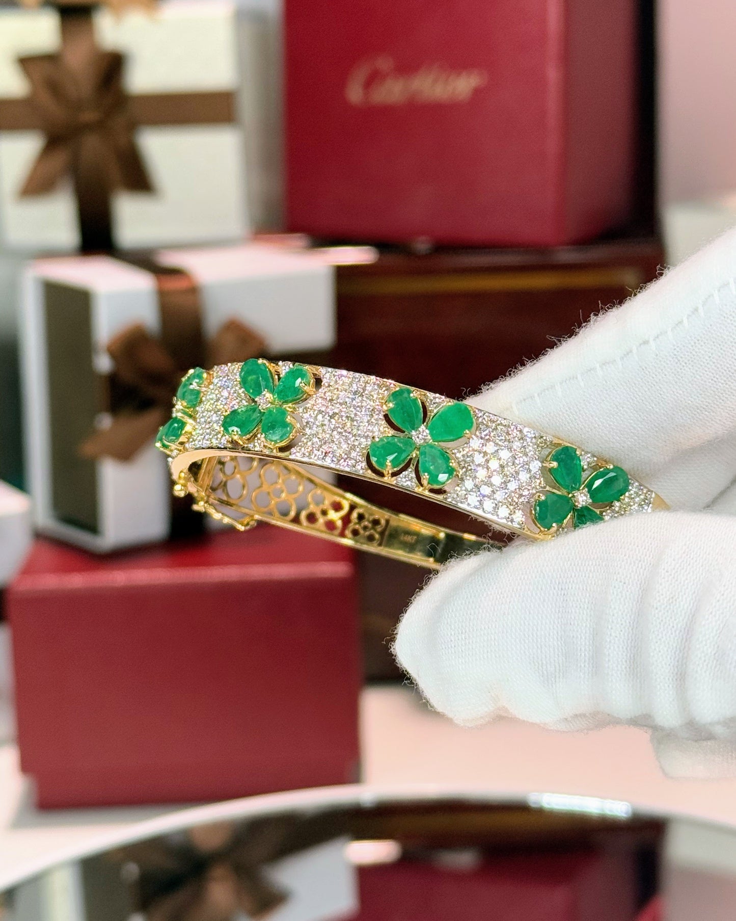 14k Yellow Gold Emerald Flowers Diamond Pave Bangle